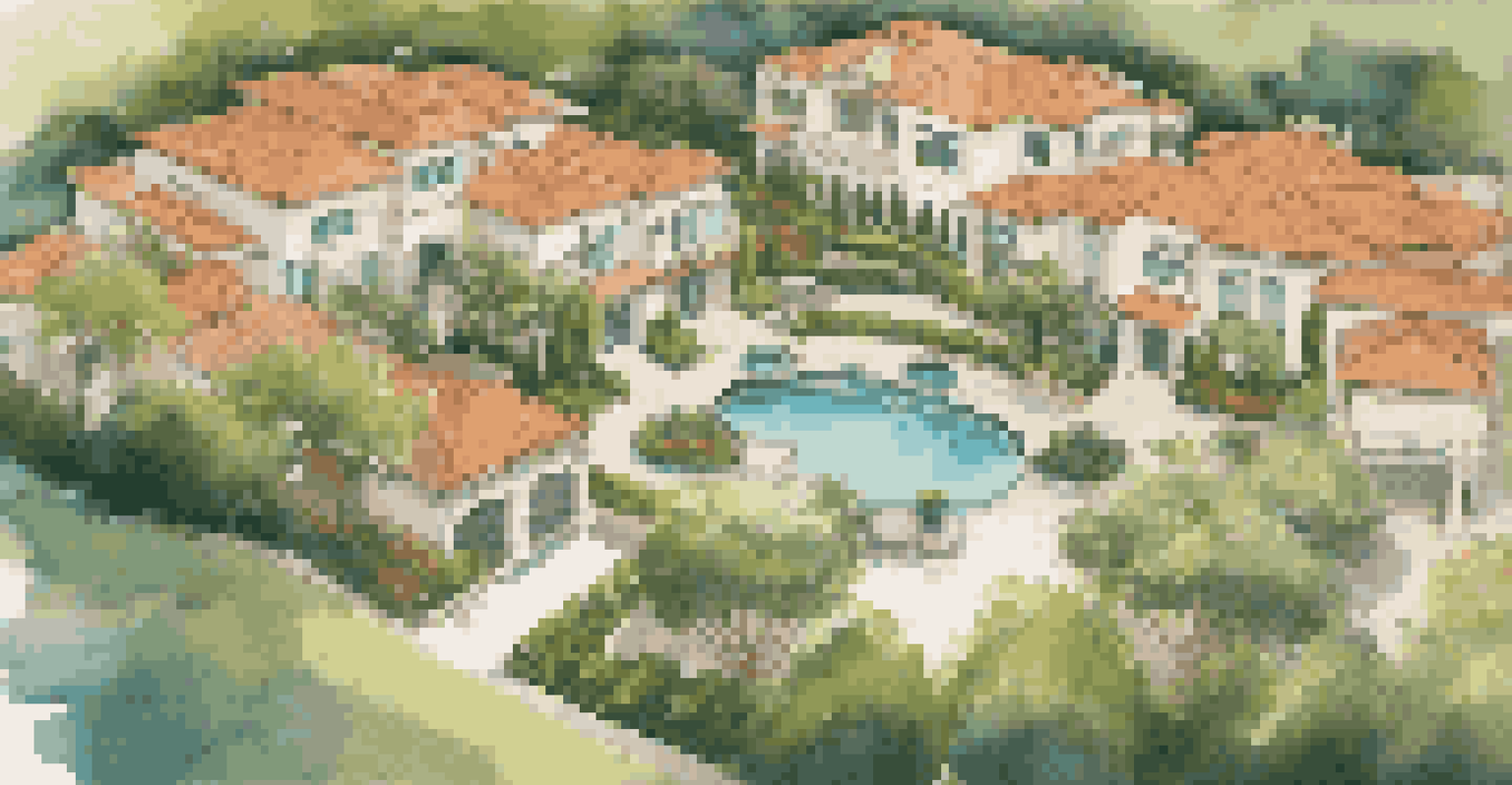 An aerial view of a gated luxury community with security features and lush landscaping, illuminated by the warm glow of the sun.