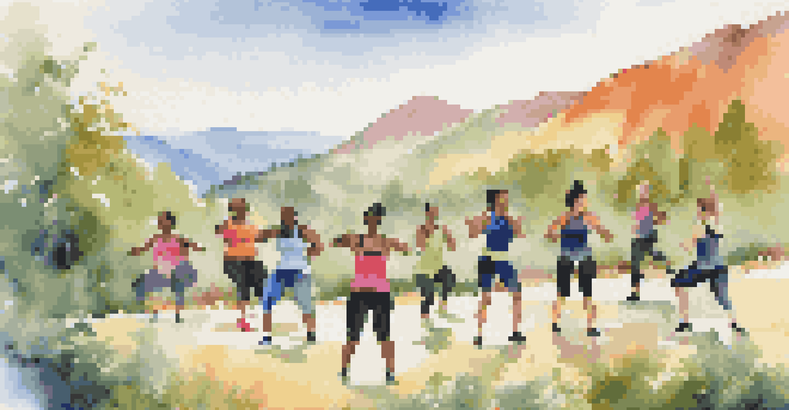 A diverse group of people participating in an outdoor fitness class against a scenic mountain landscape.