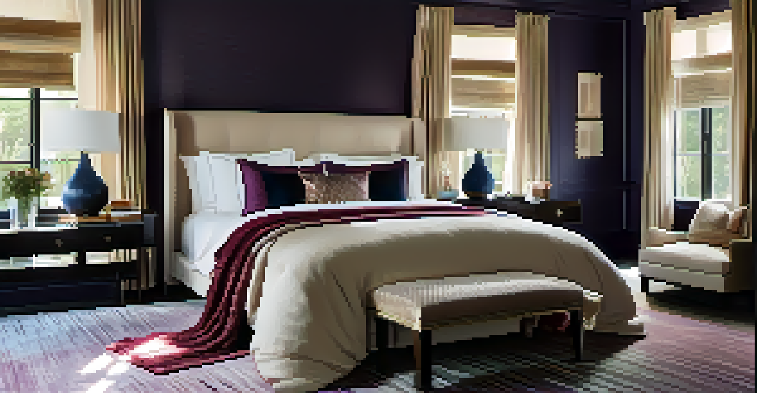 A chic bedroom with a satin bedspread, linen pillows, and a silk blanket, softly lit by a lamp, creating an elegant ambiance.