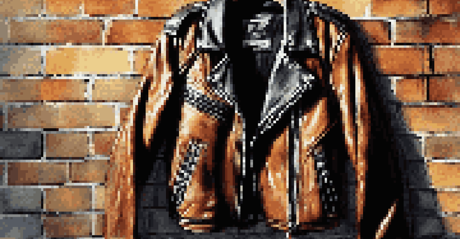 A close-up of a vintage 1980s leather jacket against a textured brick wall, showcasing its rugged texture and surrounded by retro accessories.