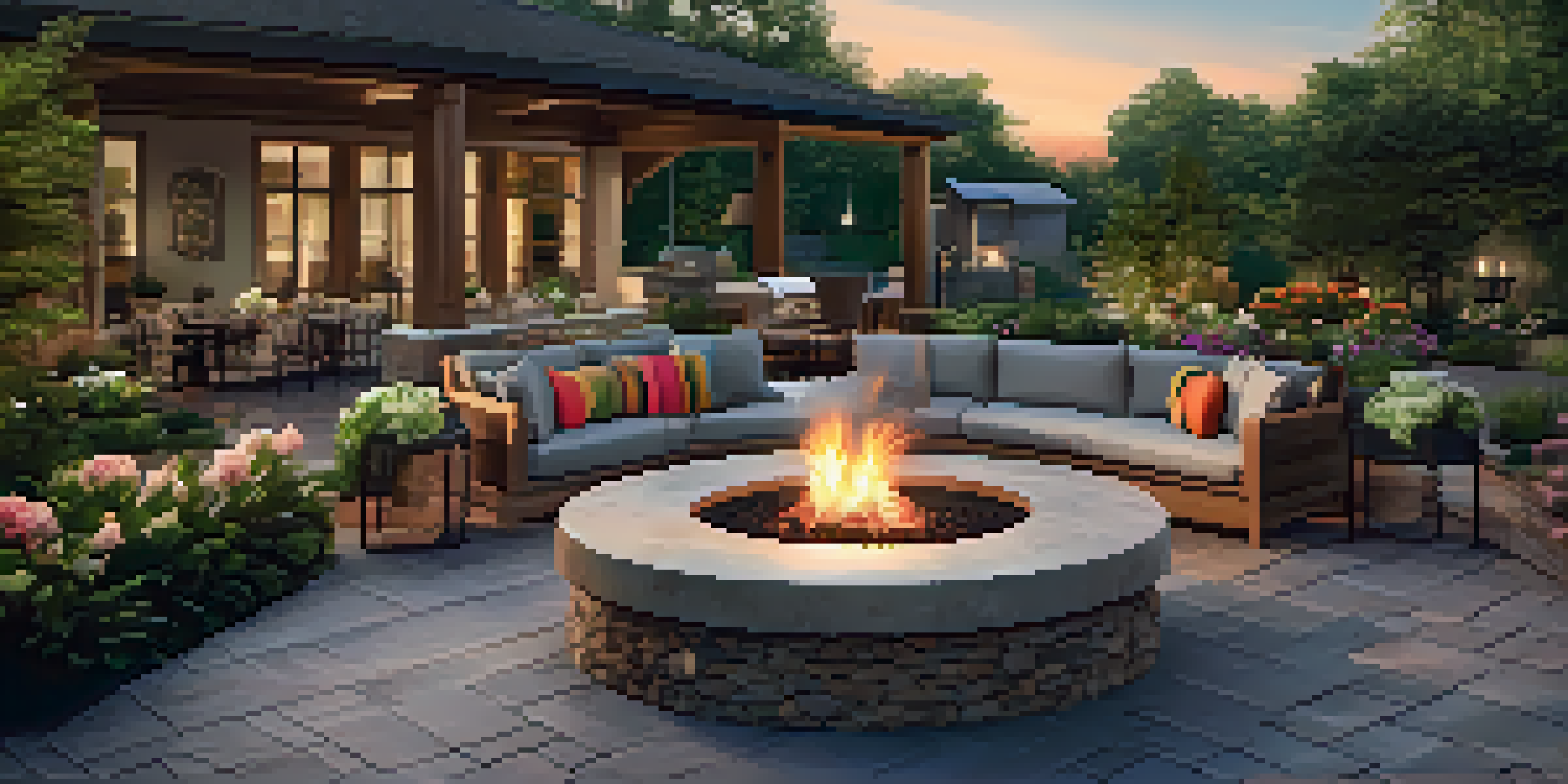 A luxurious outdoor living space with a landscaped garden, elegant patio, cozy fire pit, and ambient lighting in warm evening light.