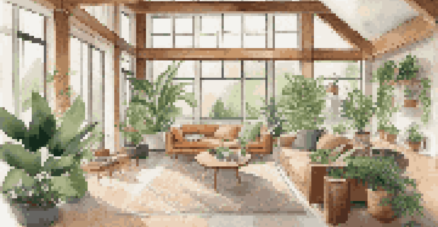 A living room with wooden beams, large windows filled with greenery, and indoor plants, promoting a connection to nature.