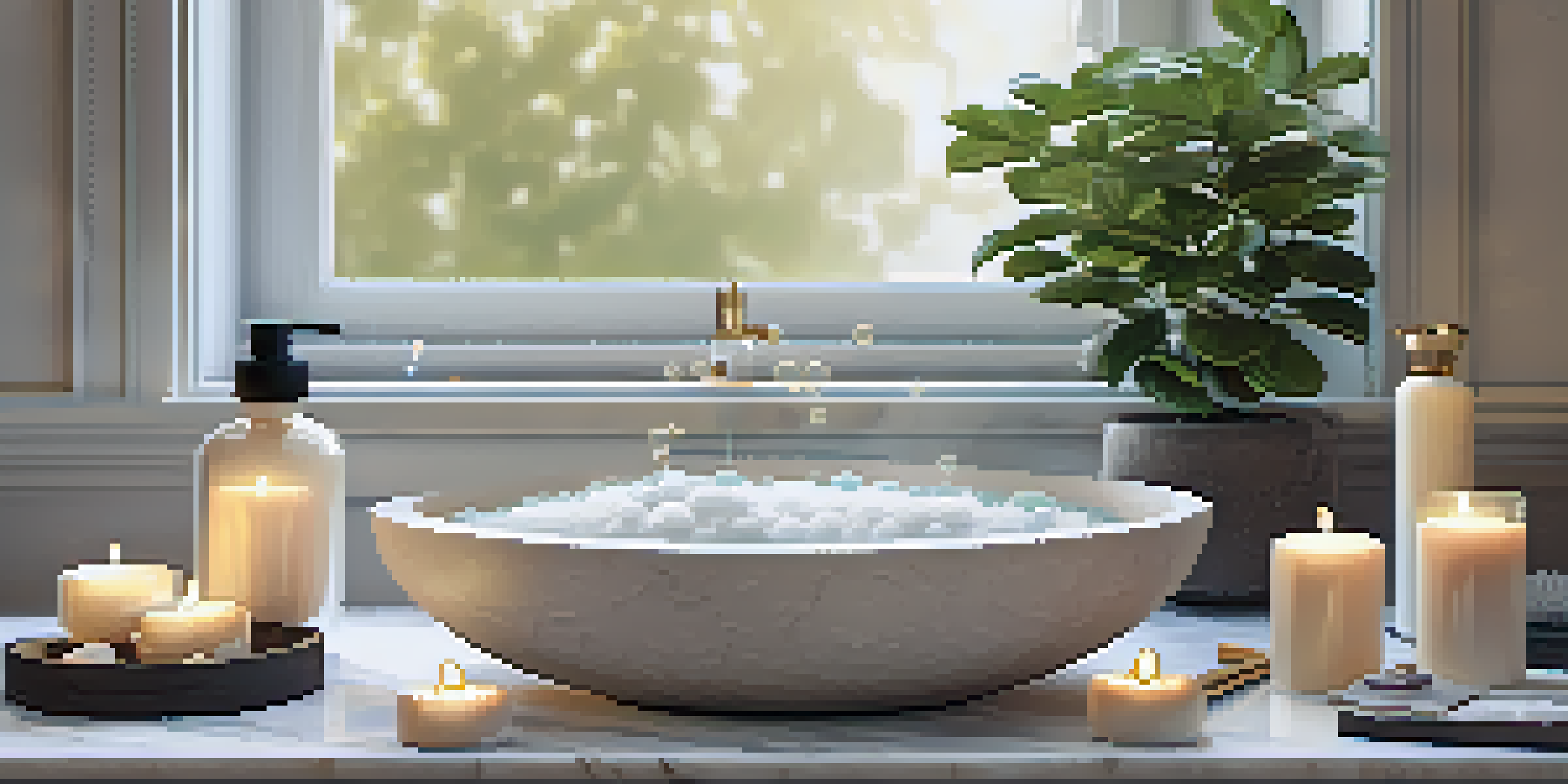 A tranquil bathroom scene with a bubble-filled bath, candles, plush towels, and skincare products on a marble surface, lit by soft natural light.