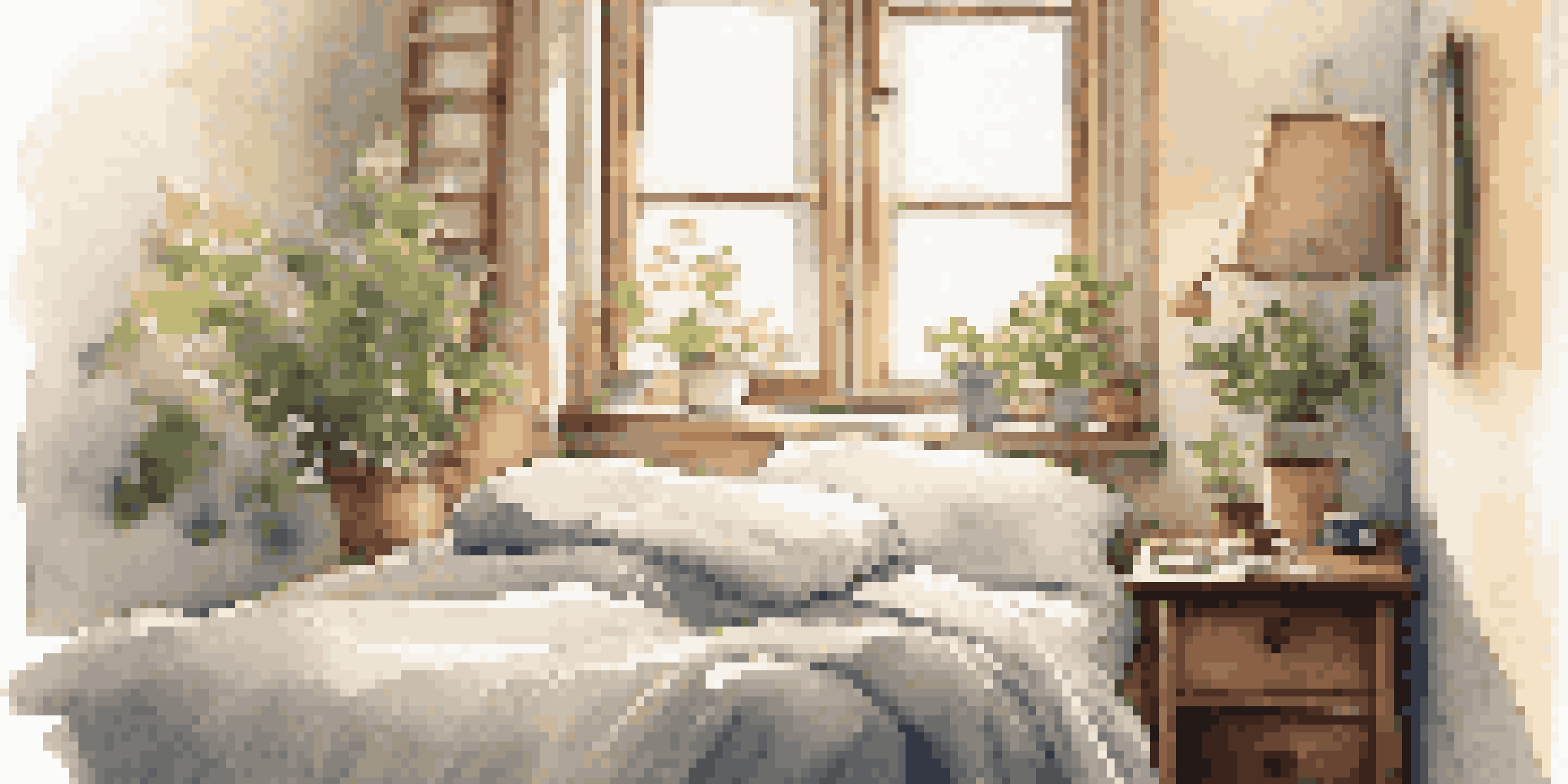 A cozy bedroom with soft linens and a cup of tea on the bedside table, illuminated by natural light coming through the window.