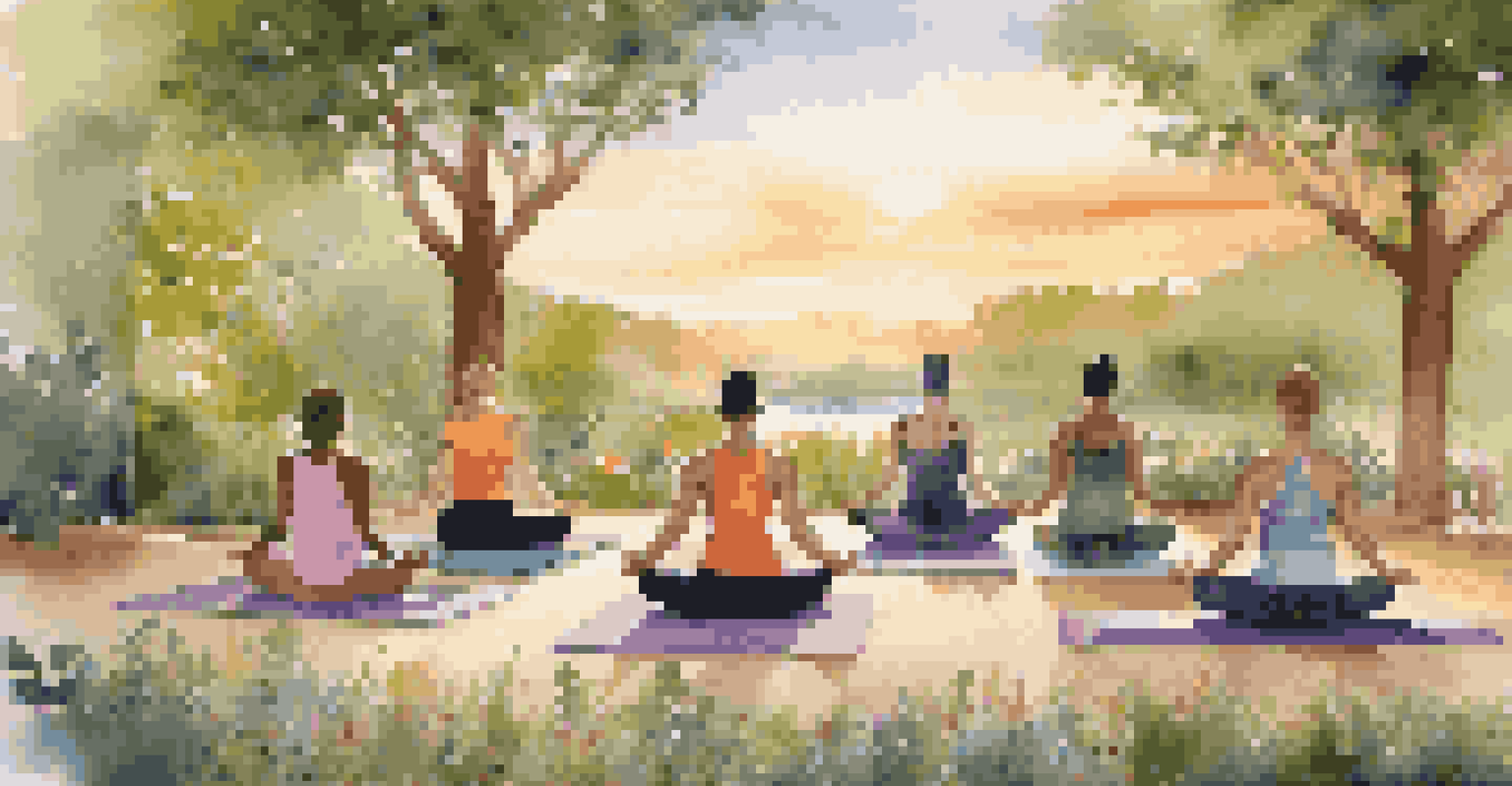 A luxury outdoor yoga retreat with participants practicing yoga amidst lush greenery at sunset.