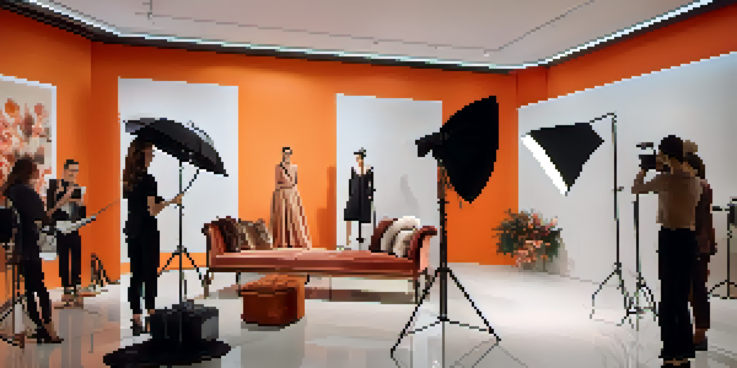 A fashion model in a designer outfit poses in a professional studio with a camera crew and elegant lighting.