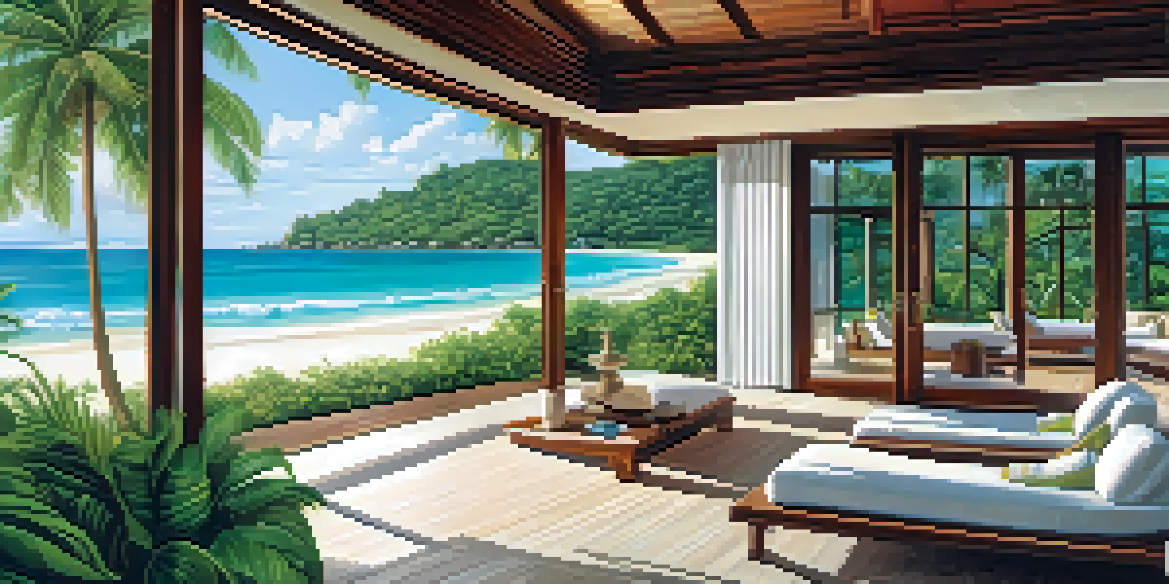 A luxurious villa with glass windows on a sandy beach in Seychelles, surrounded by palm trees and turquoise waters at sunset.
