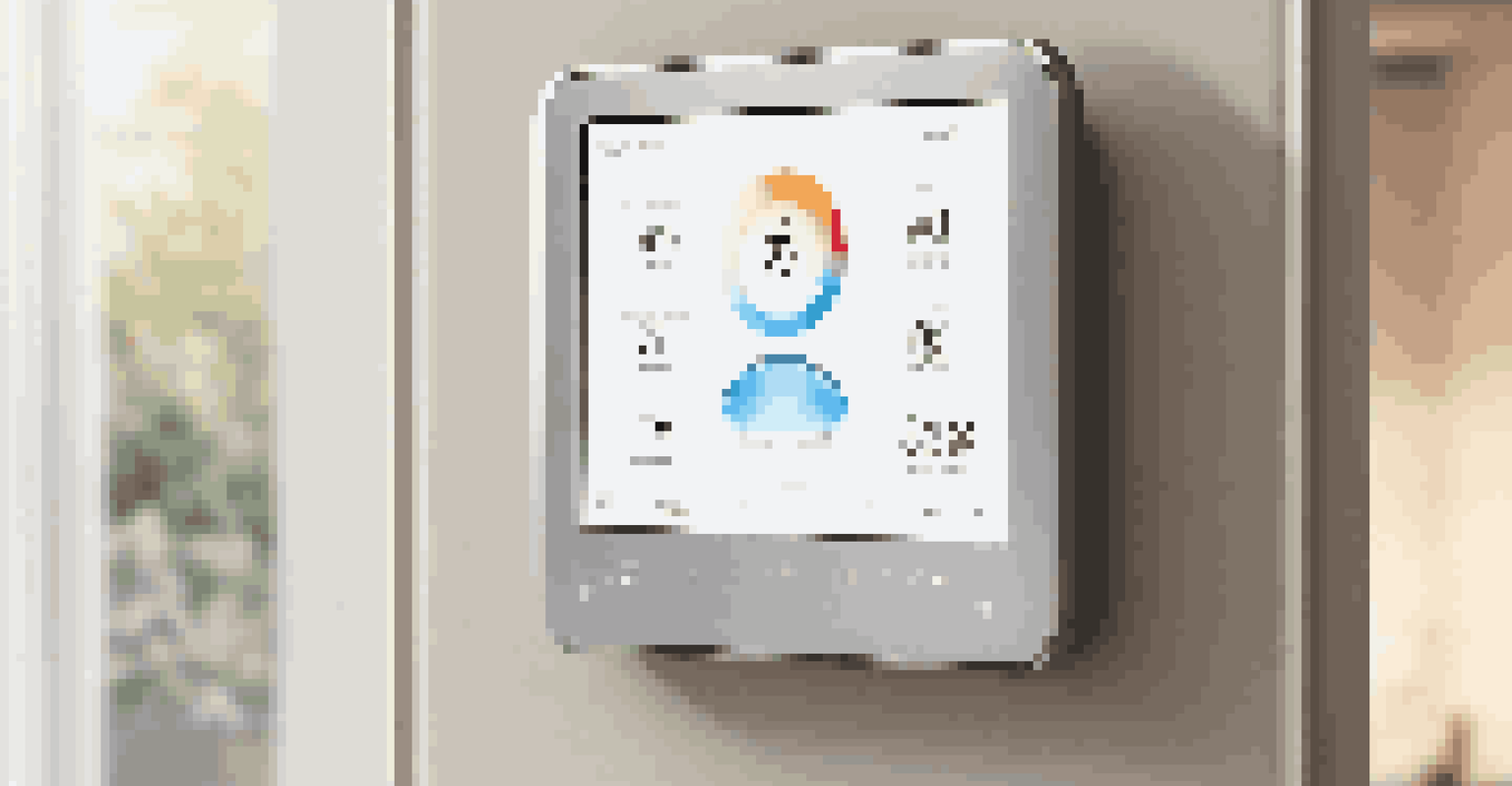 A close-up of a smart thermostat on a stylish wall, displaying a cozy temperature setting in a well-decorated home.