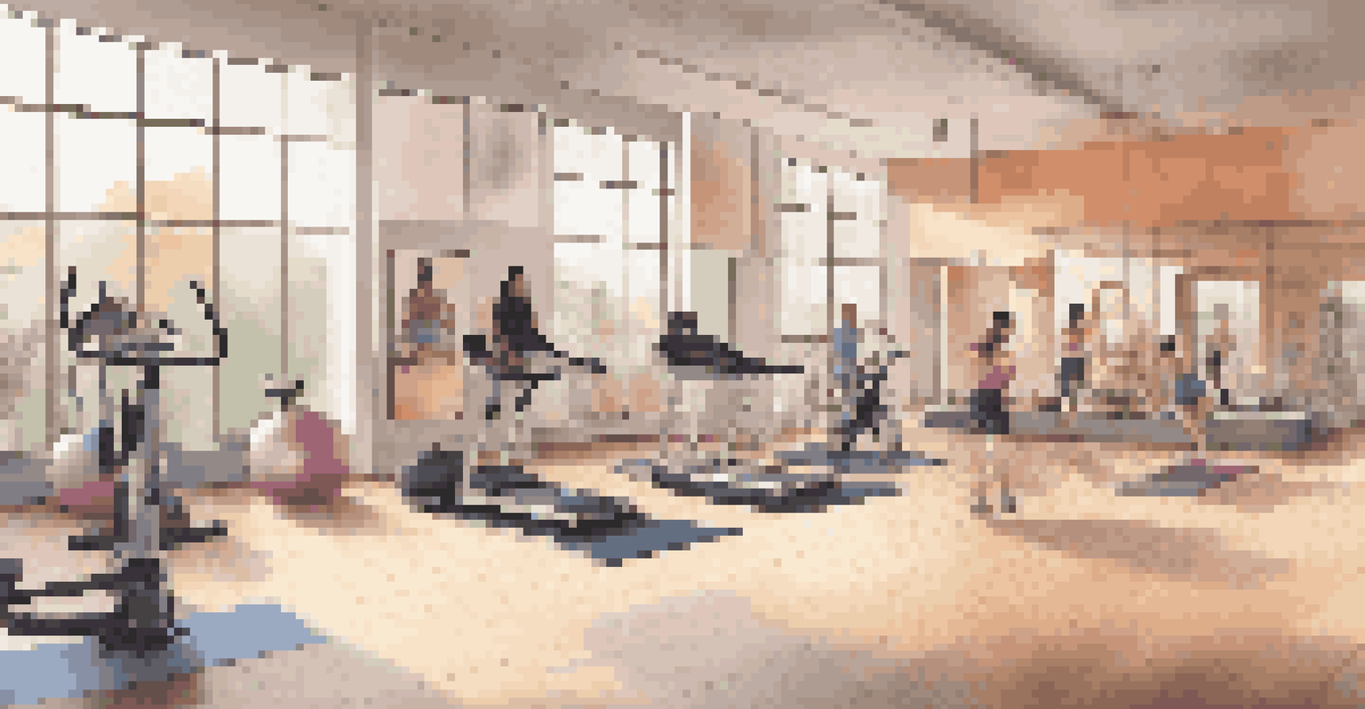 A versatile gym space showing a yoga studio transitioning into a spinning class, with adaptable designs and bright, inviting colors.