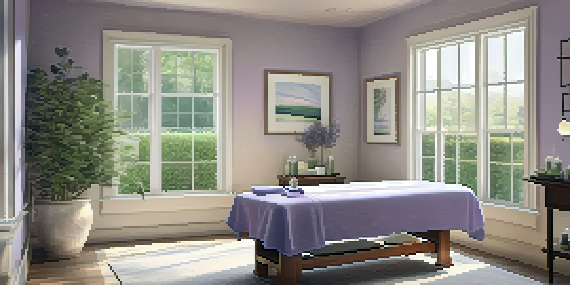 A peaceful spa setting with a massage table, essential oils, and plants, illuminated by soft lighting.