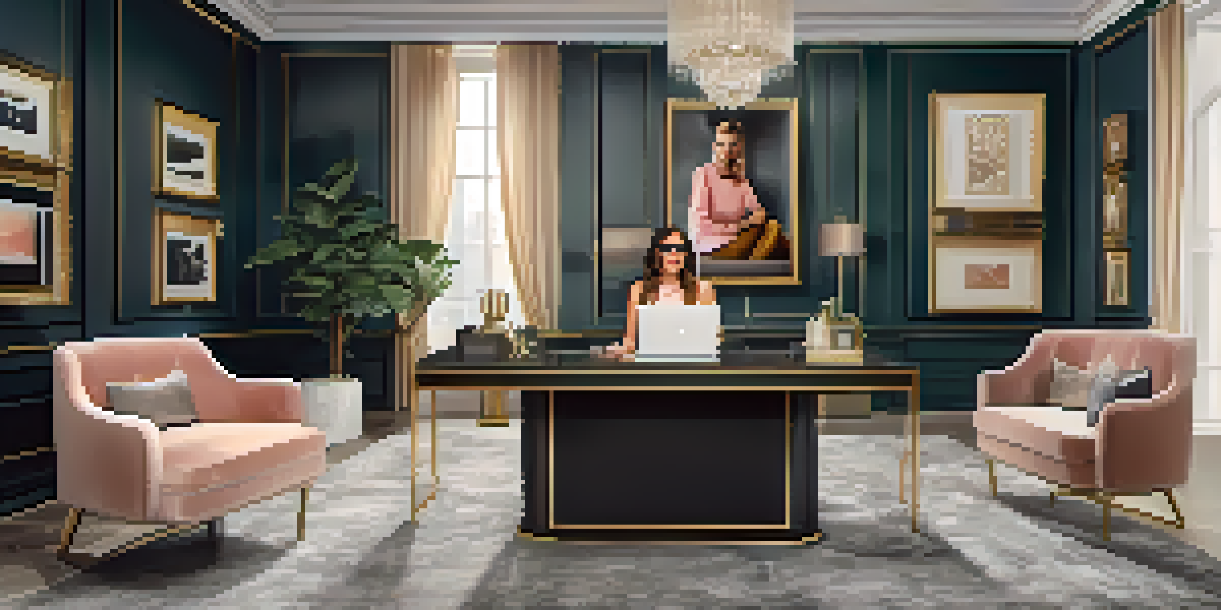 A stylish influencer in a modern office, surrounded by elegant decor, engaging with their audience on a laptop.