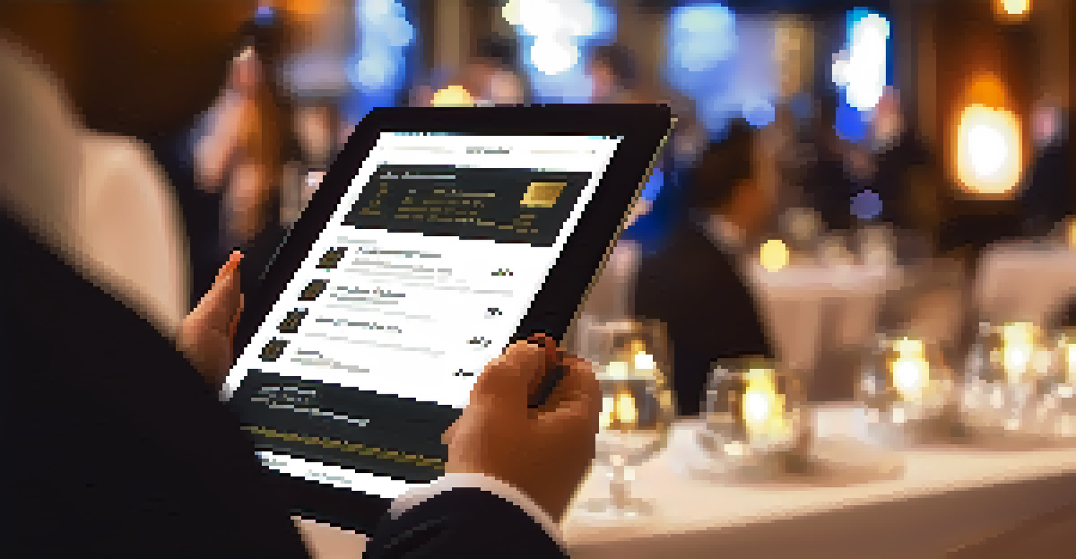 A security personnel checking a digital guest list on a tablet at an upscale event with guests mingling in the background.