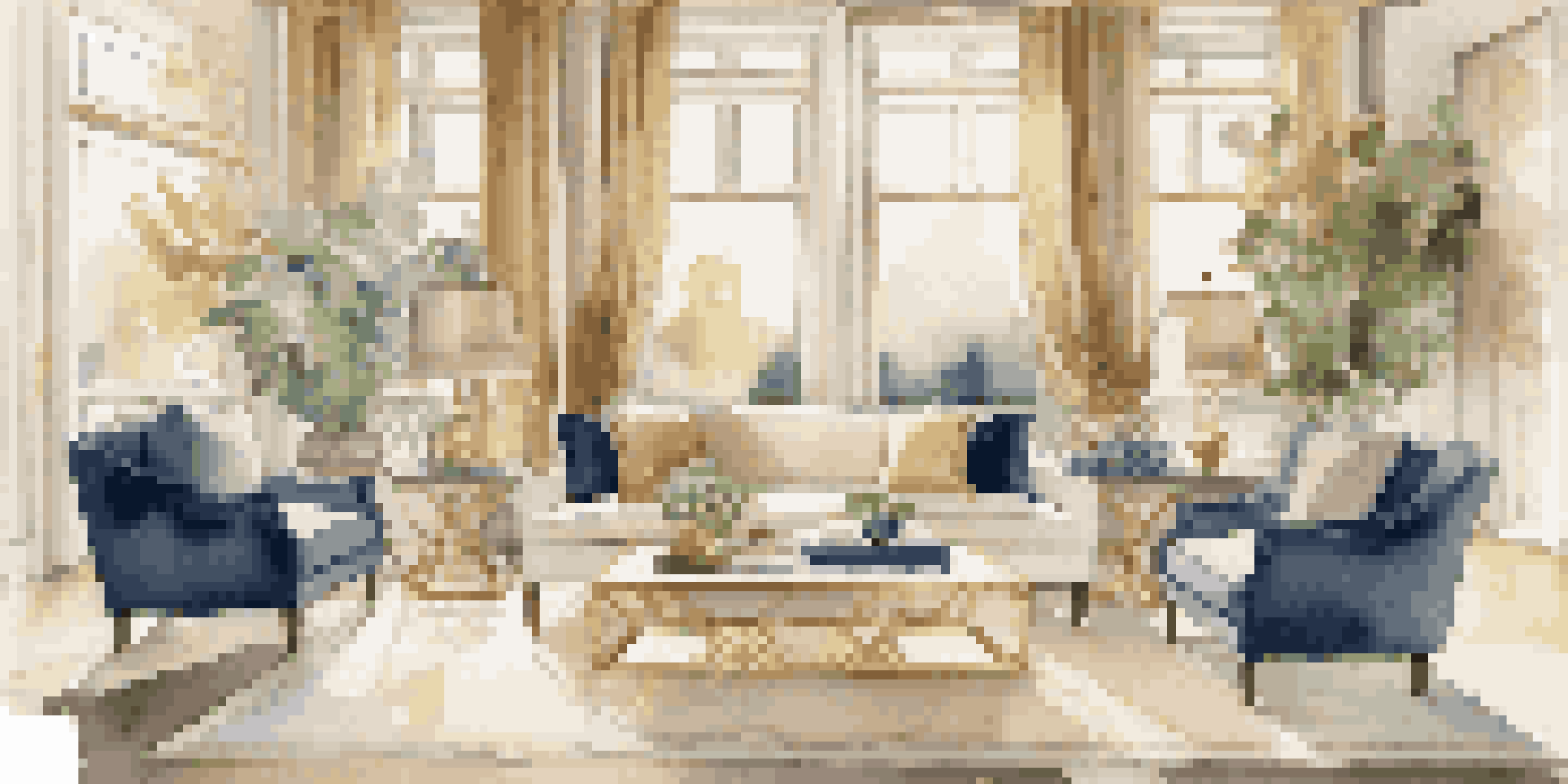 A luxurious living room with elegant furniture, natural light, and a serene garden view.