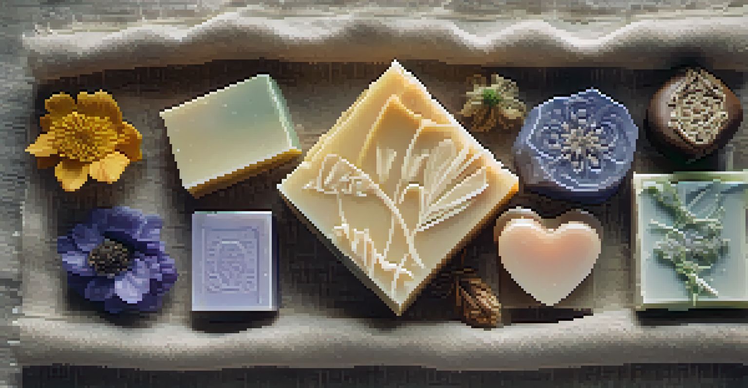 A beautiful arrangement of colorful handmade soaps in various shapes on a textured linen cloth.
