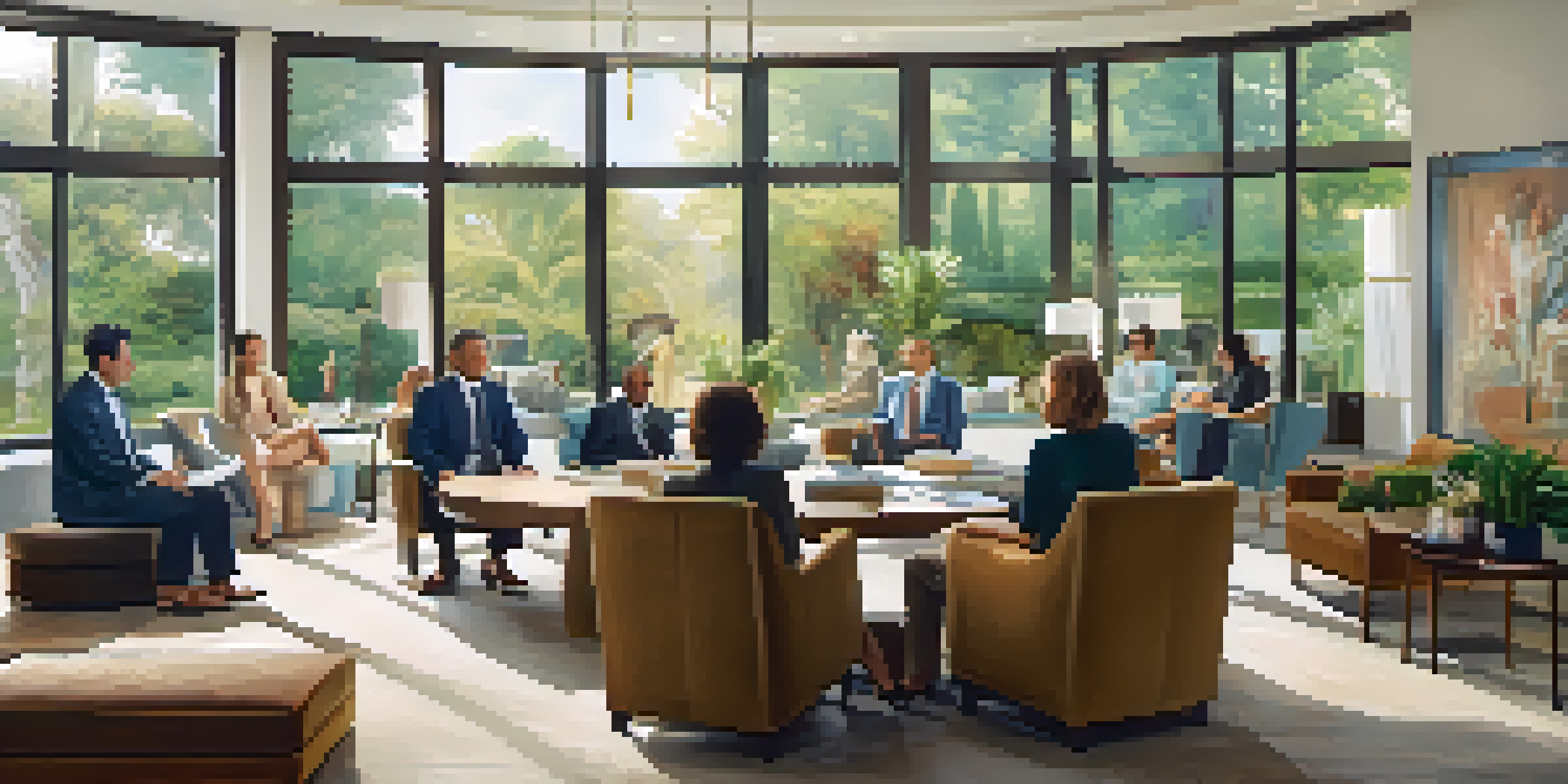 A luxurious coaching session in a stylish office with professionals discussing, natural light, and a view of a garden.