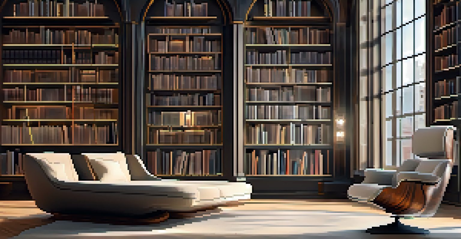 A luxury library with a high-tech sound system, showcasing a plush armchair and integrated wireless speakers.