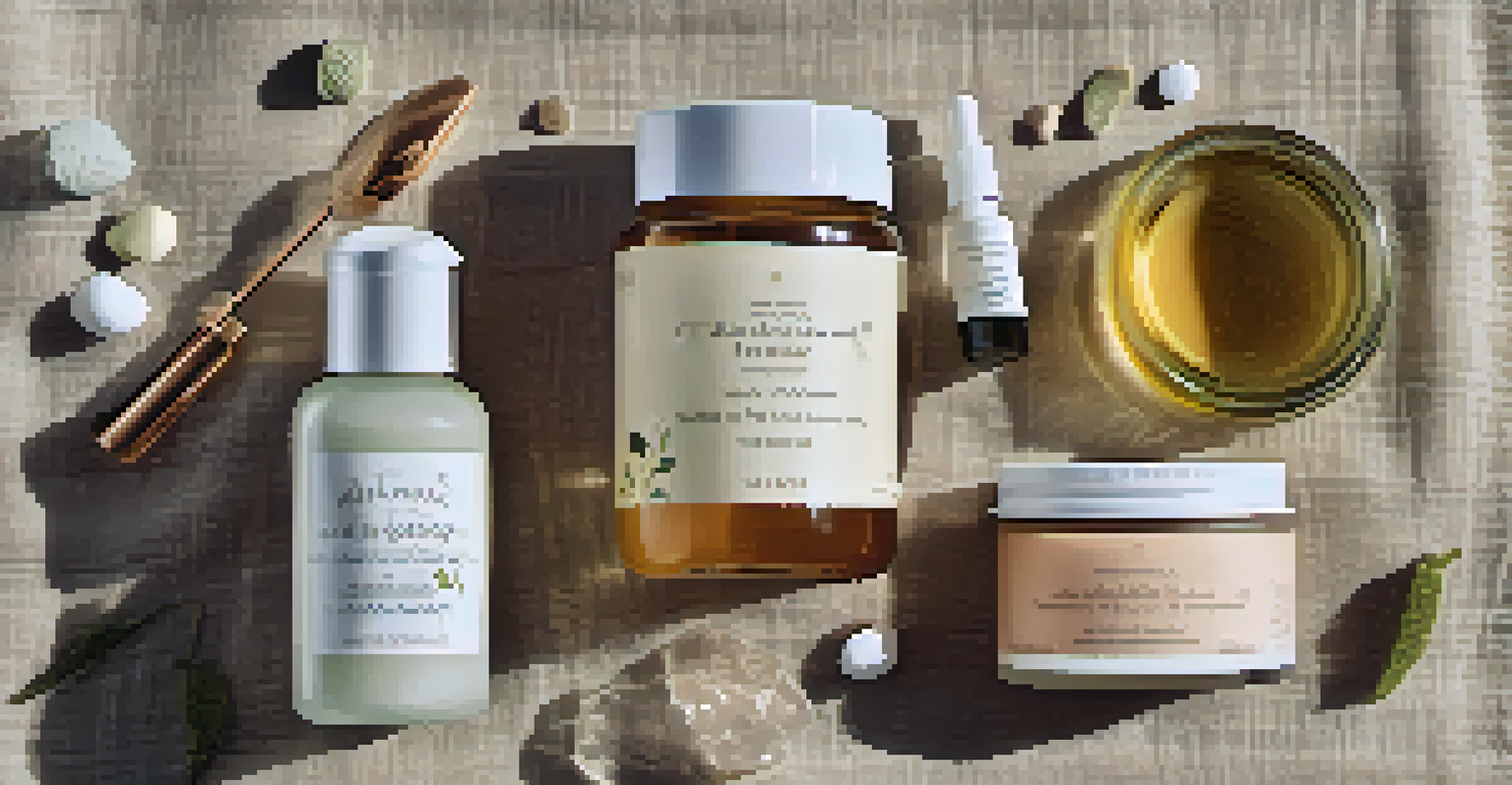 A flat lay arrangement of luxury organic skincare products on a linen cloth, illuminated by soft sunlight.