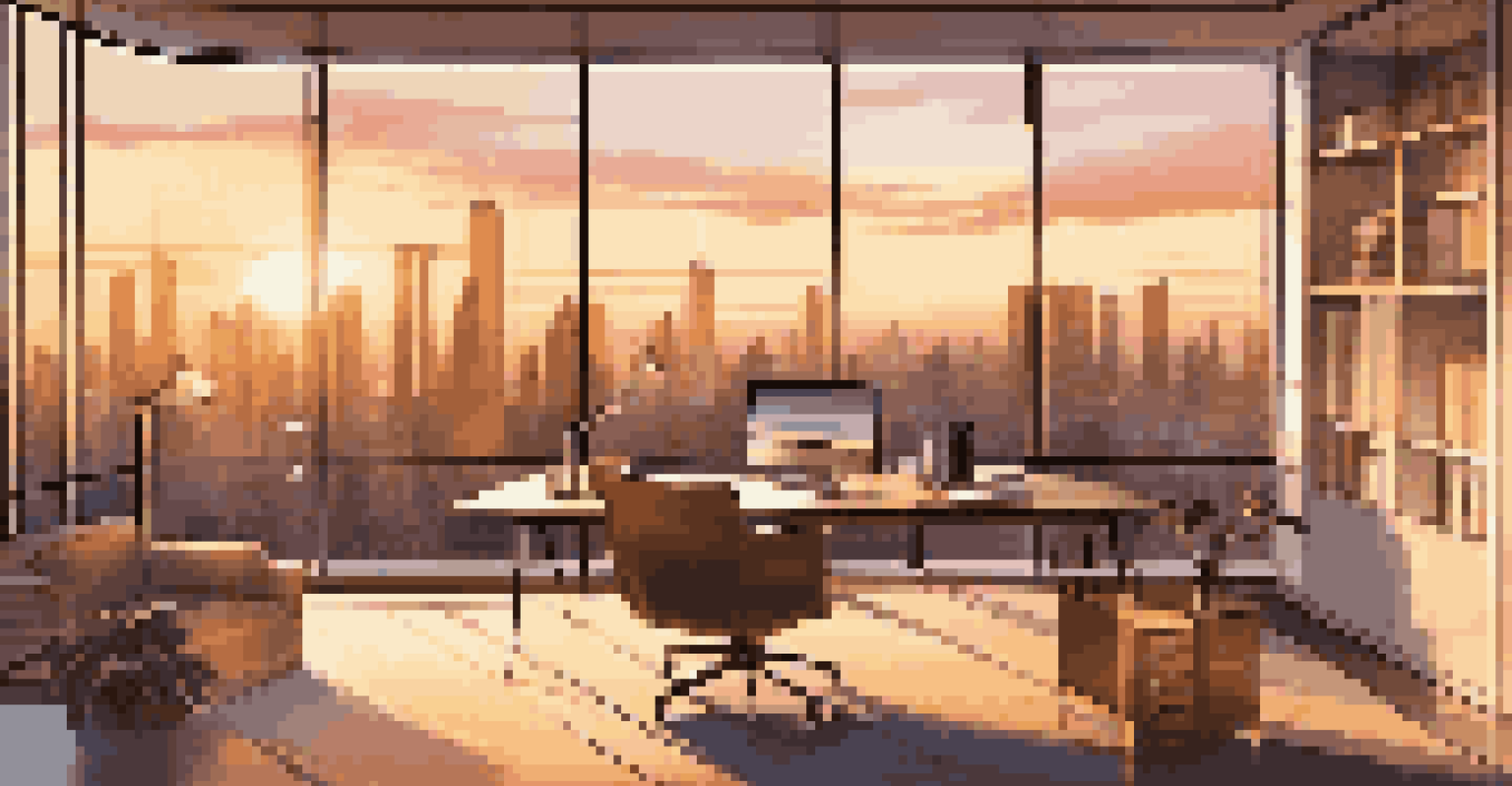 A contemporary home office showcasing a city skyline at sunset, with minimalistic furniture illuminated by golden light.