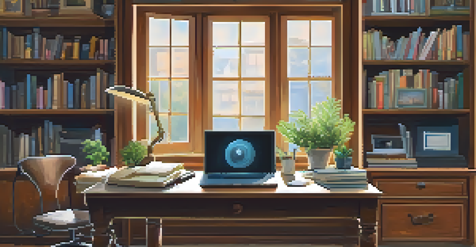 An art appraiser's workspace with art pieces, a magnifying glass, and a cozy atmosphere.