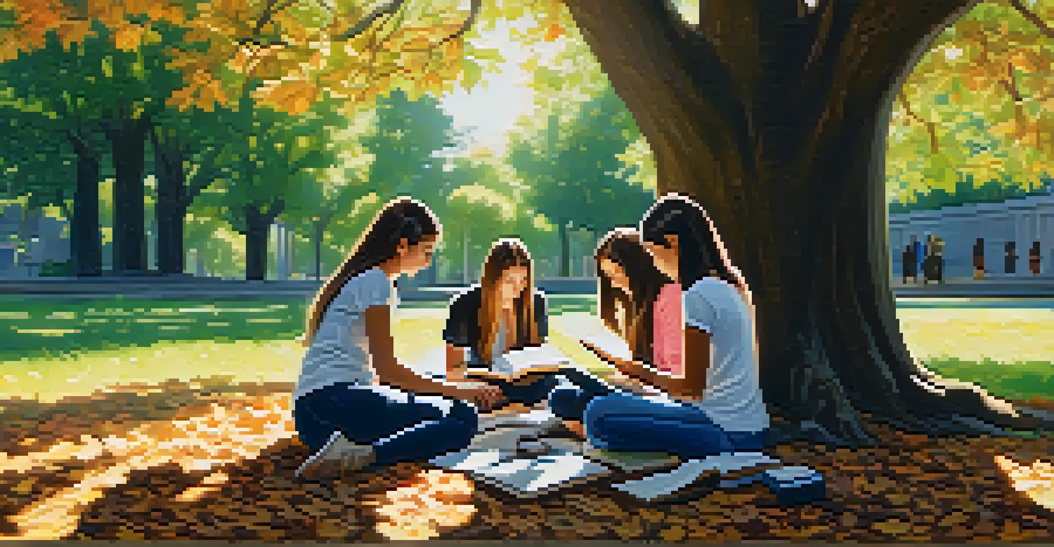 Young women studying together under a large tree in a park, surrounded by nature with books and laptops, illuminated by sunlight filtering through the leaves.