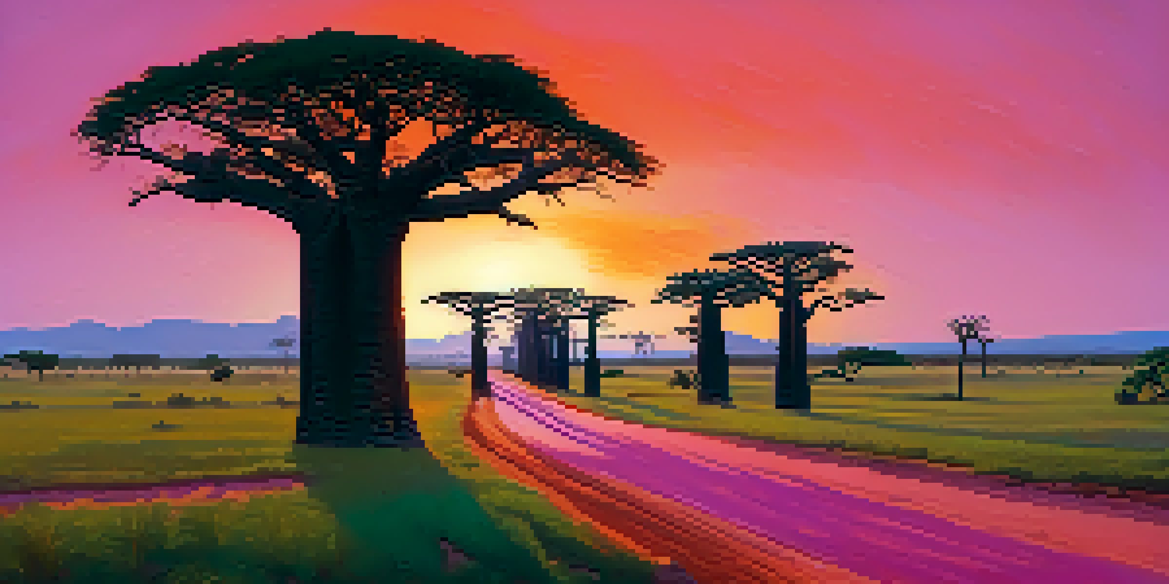 A scenic sunrise view along the Avenue of the Baobabs, showcasing tall baobab trees and a colorful sky.