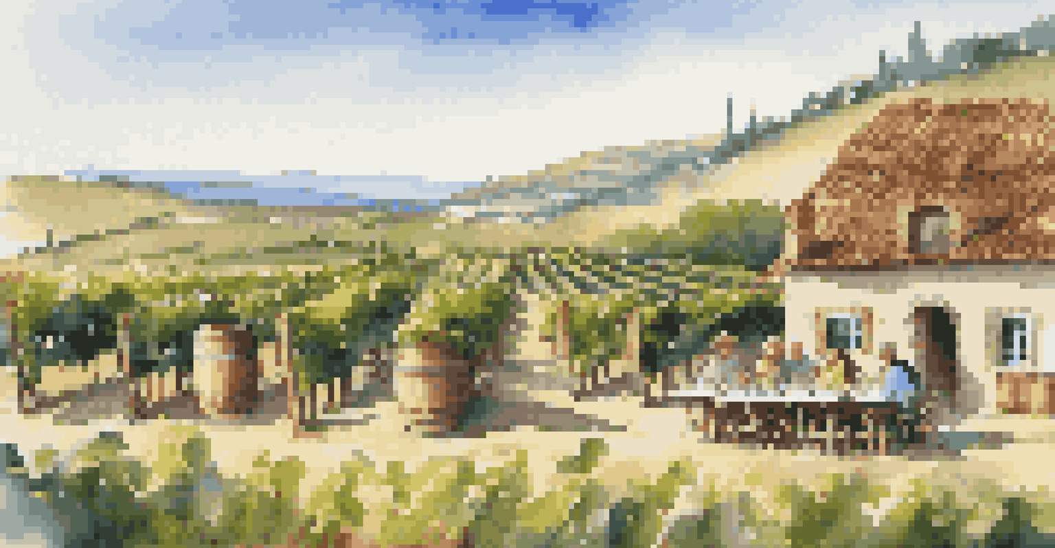 Travelers enjoying a wine tasting experience in a scenic vineyard with grapevines and hills.