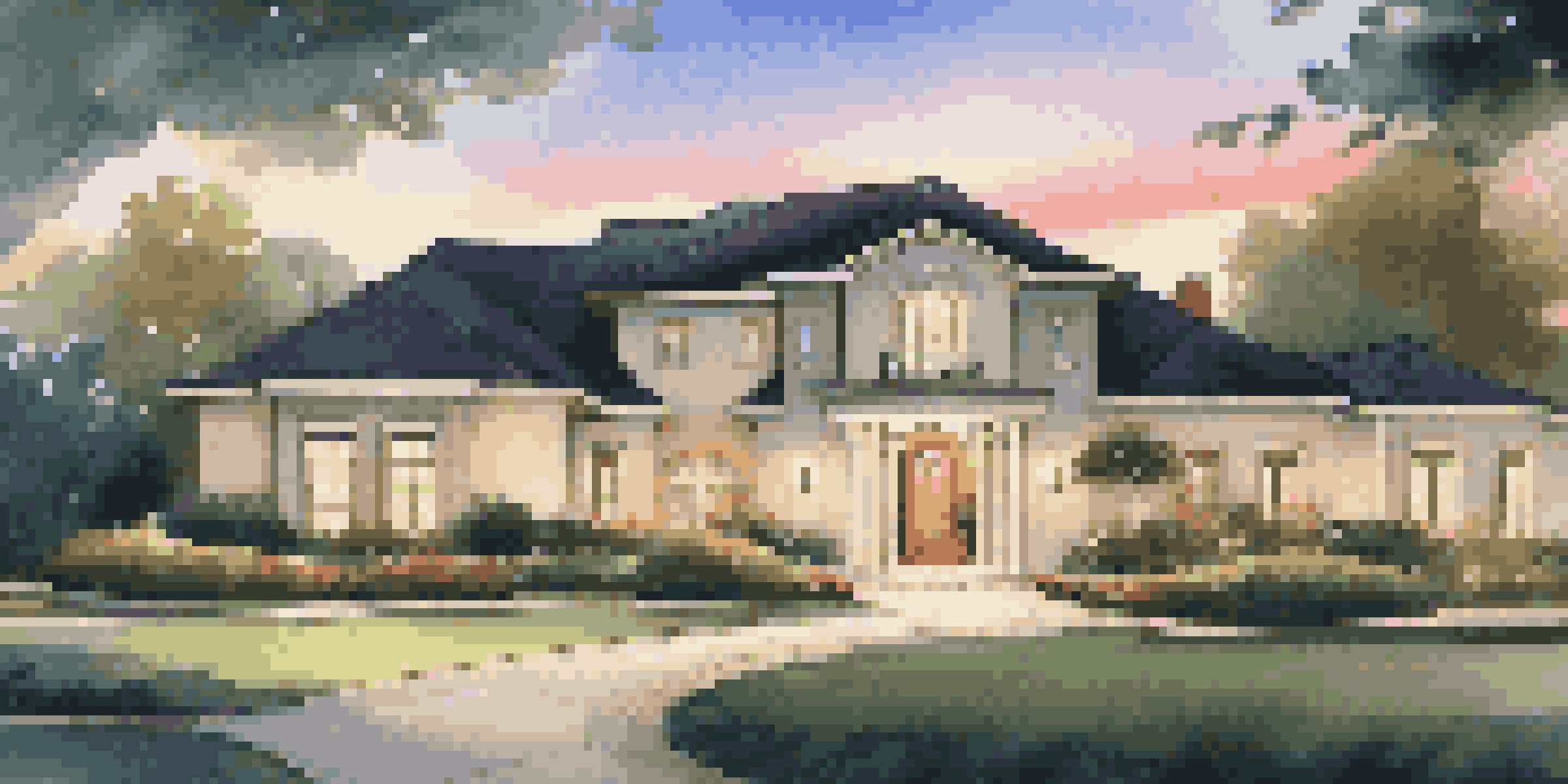 A luxurious home with modern security features in a beautifully landscaped garden during twilight.