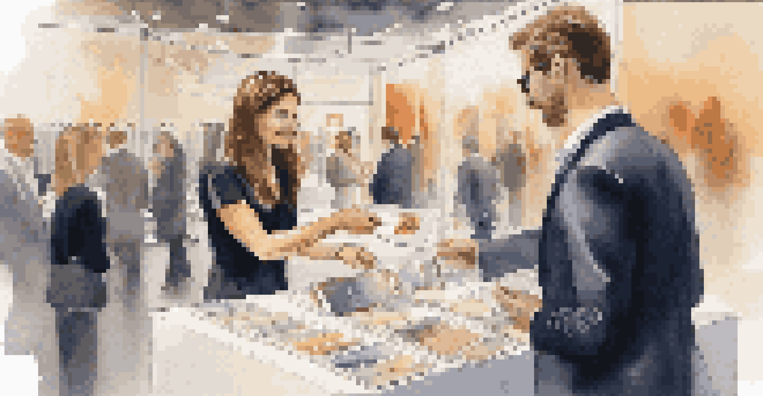 A designer and a client exchanging business cards at a luxurious event, surrounded by upscale products.