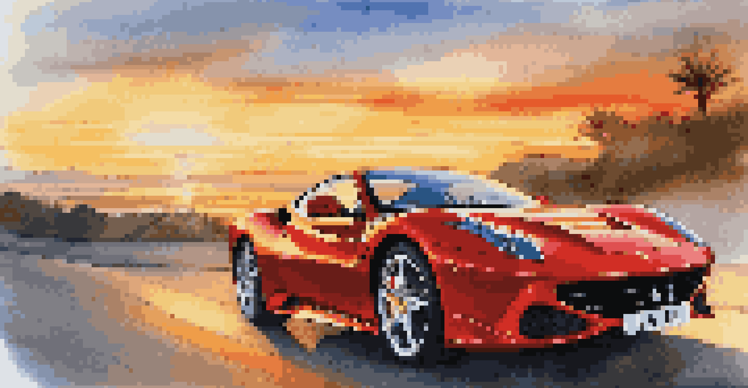 A red Ferrari driving fast on a scenic coastal road during sunset.
