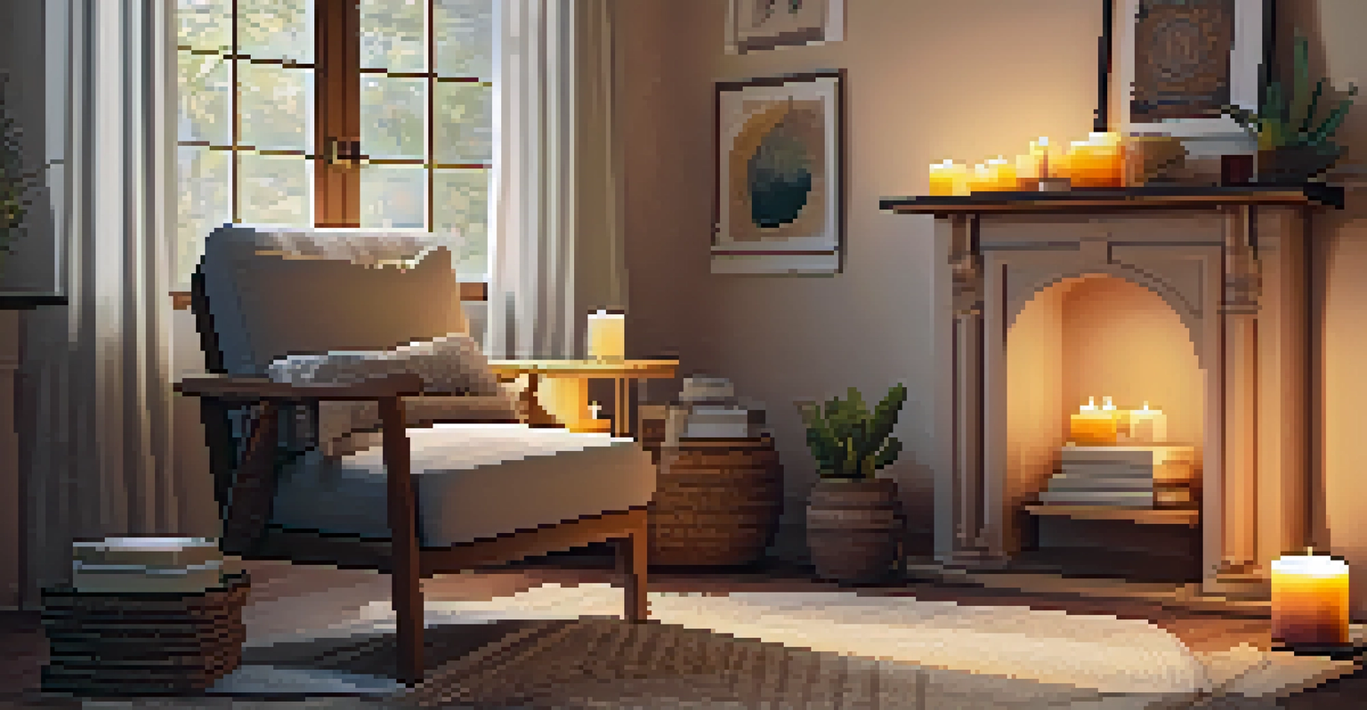 A cozy home relaxation area with an armchair, candles, and a warm bath, designed for self-care.
