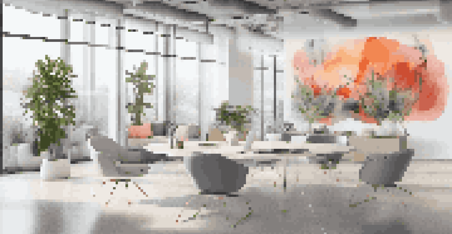 An office showcasing a large abstract mural, glass partitions, and minimalist furniture with plants for a creative atmosphere.
