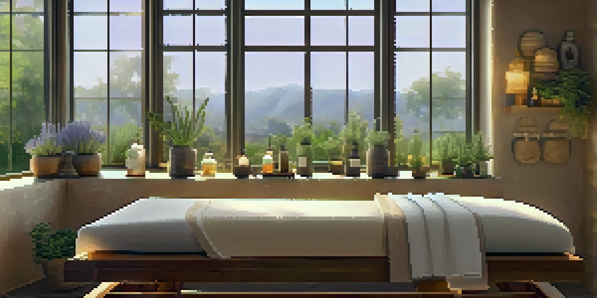 A calming spa room with a massage table, lavender sprigs, a diffuser, and a view of a tranquil garden.