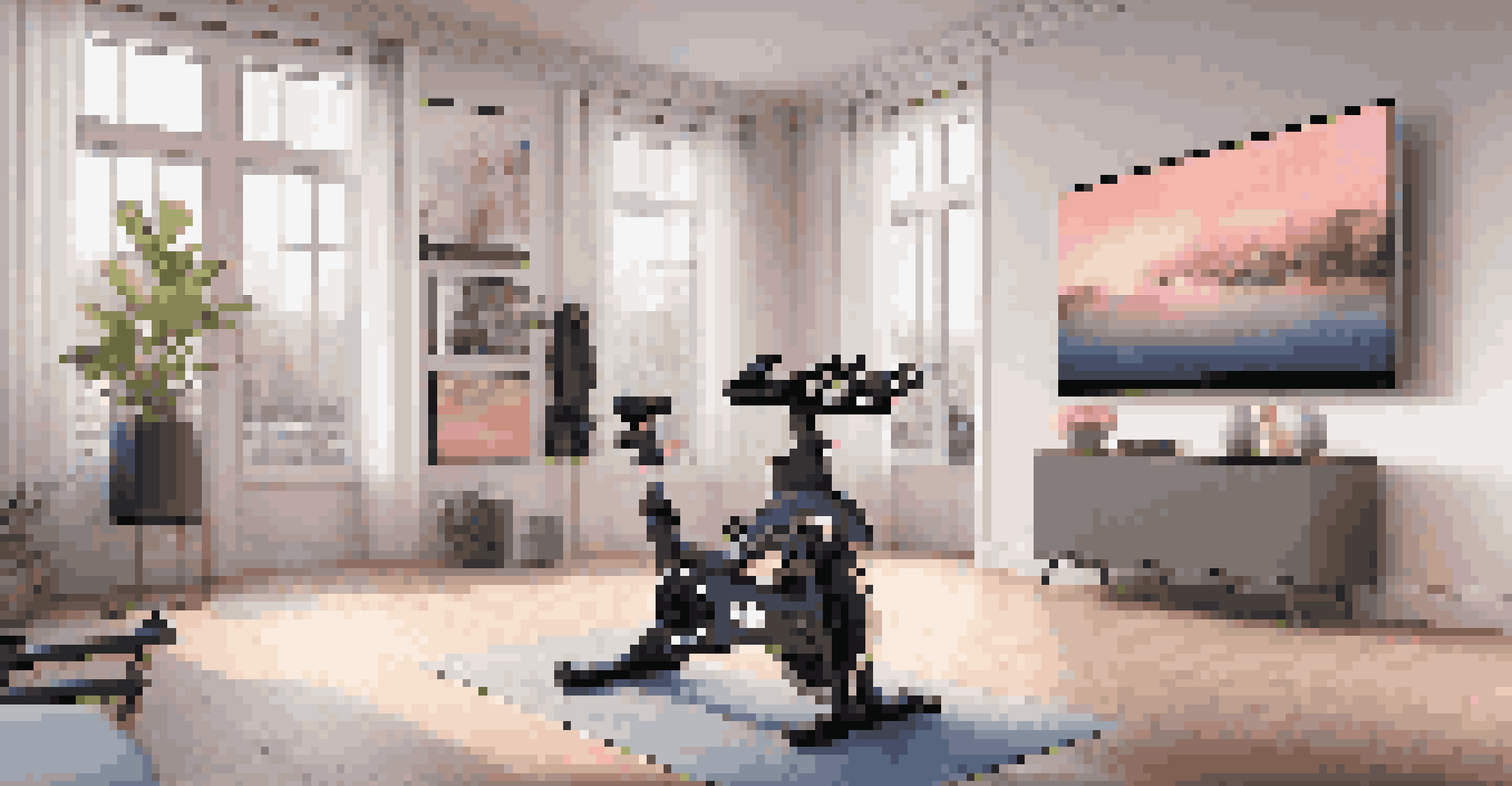 A stylish living room featuring a Peloton bike and a large screen showing a live cycling class, surrounded by motivational posters and soft ambient lighting.