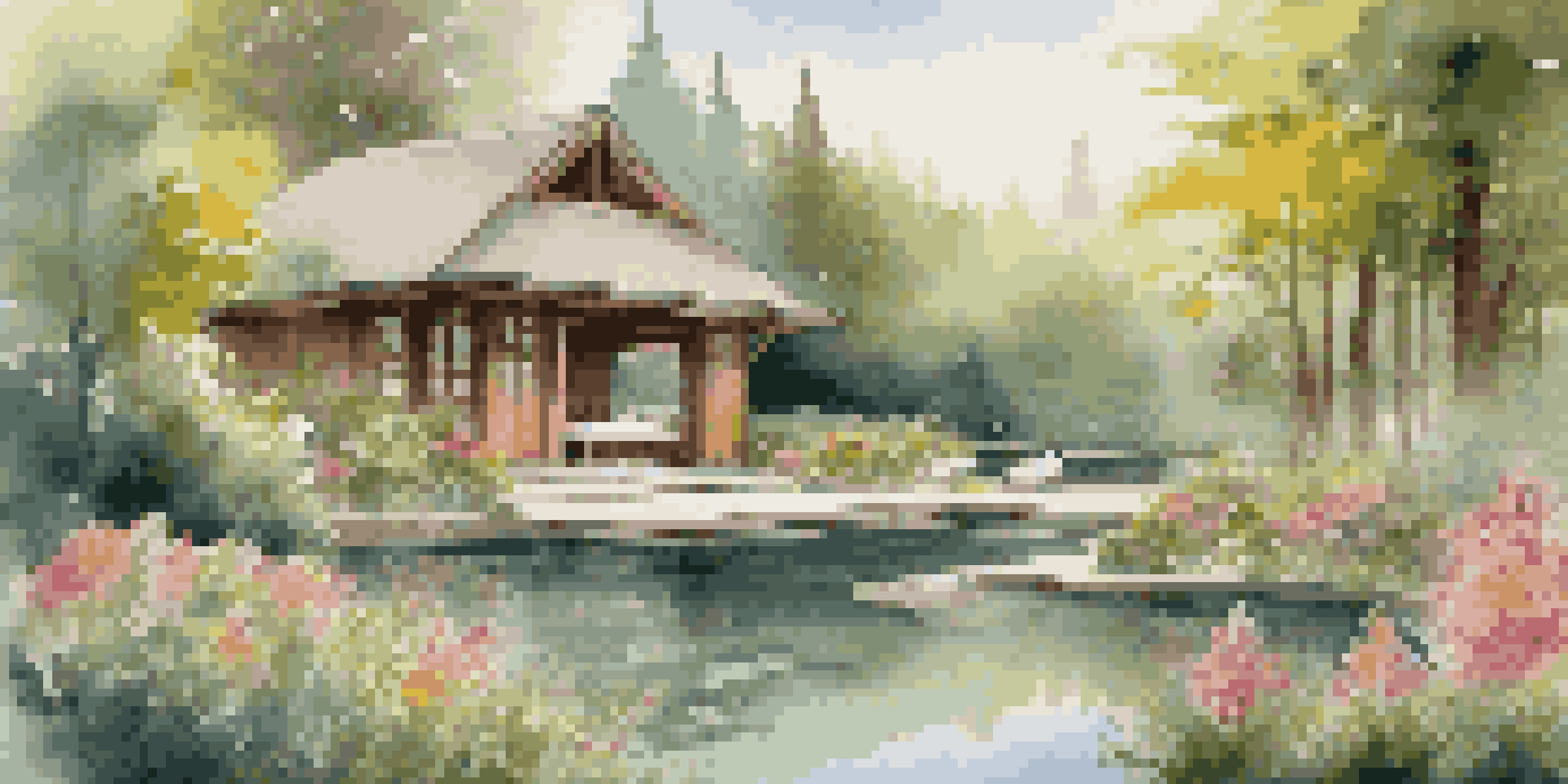 A peaceful luxury spa retreat surrounded by a lush green forest, with wooden cabanas and a tranquil pond.