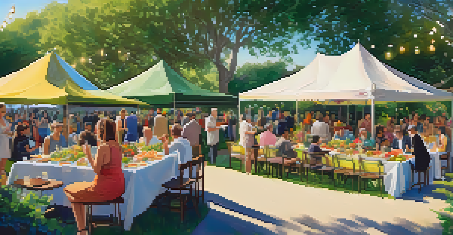 An outdoor charity event in a beautiful garden with diverse attendees enjoying food and local artists painting.