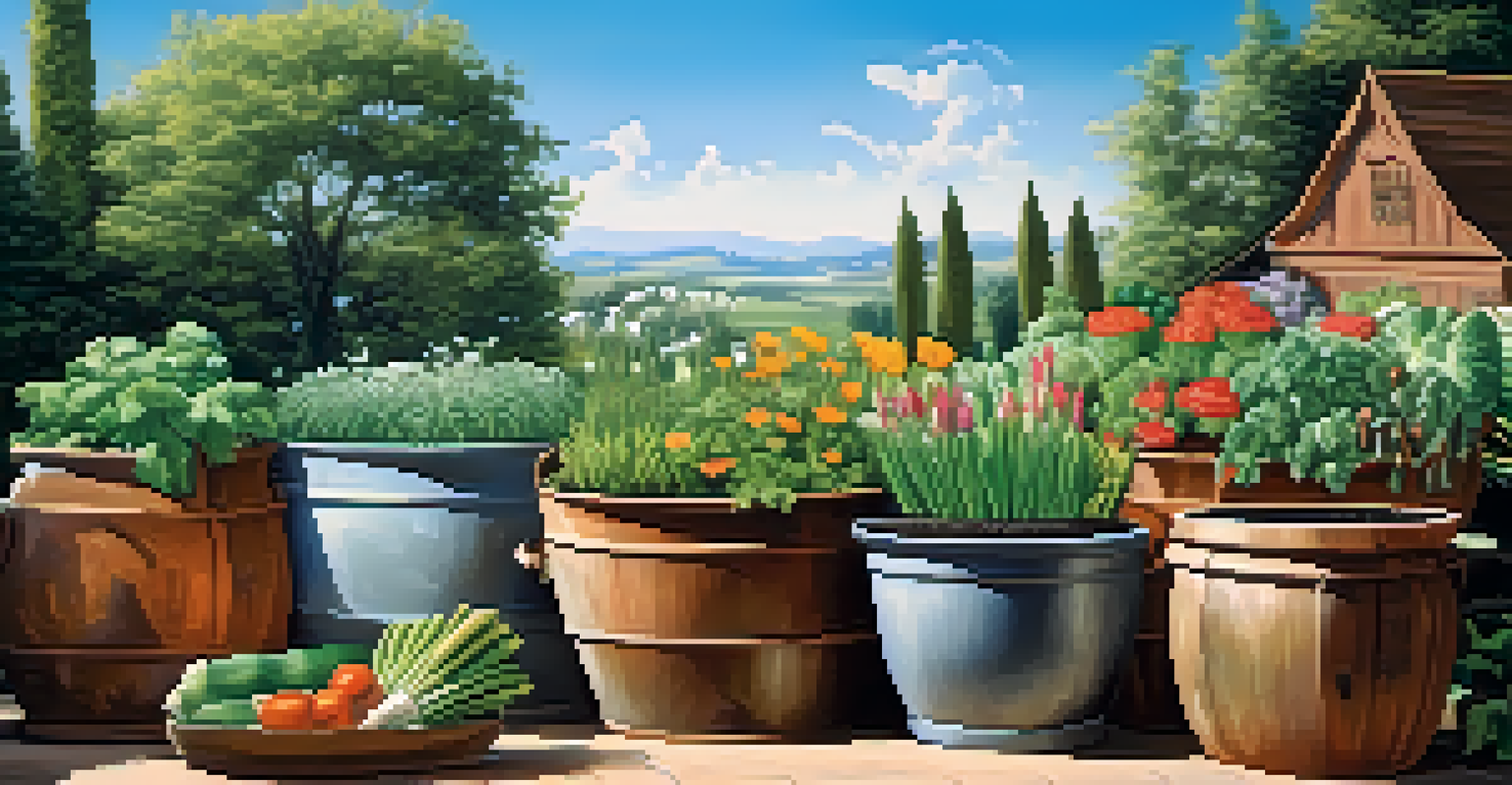 An artistic display of organic fertilizers in rustic containers, set against a backdrop of a flourishing garden with blooming flowers and vegetables under a clear blue sky.
