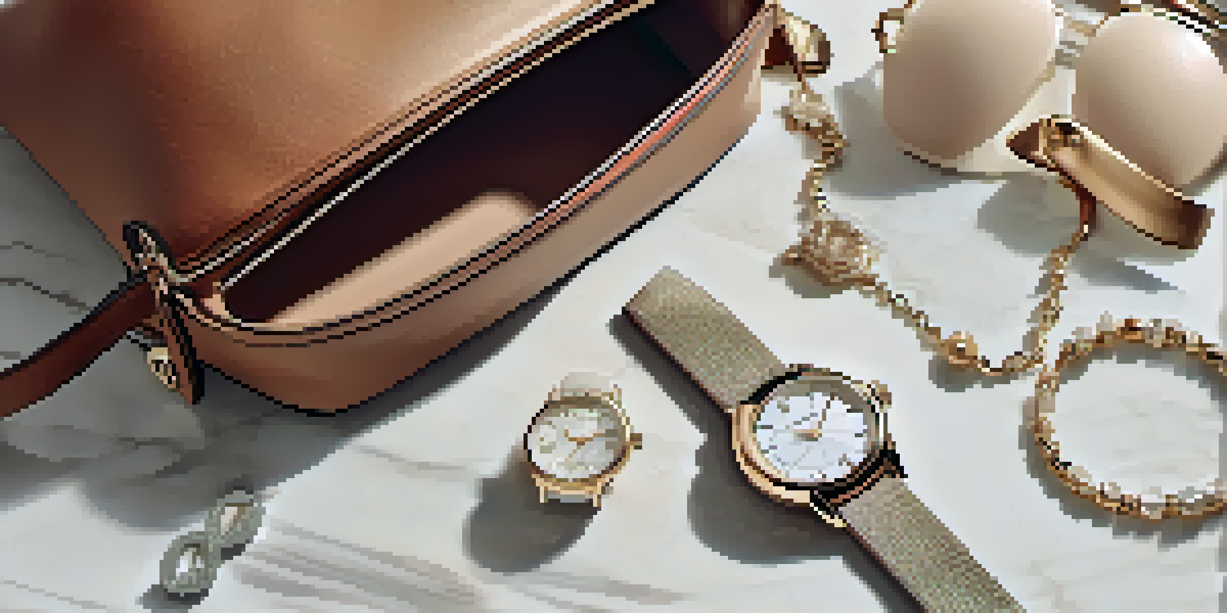 A flat lay of luxury fashion accessories on a marble surface, including a designer handbag and jewelry, illuminated by soft natural light.