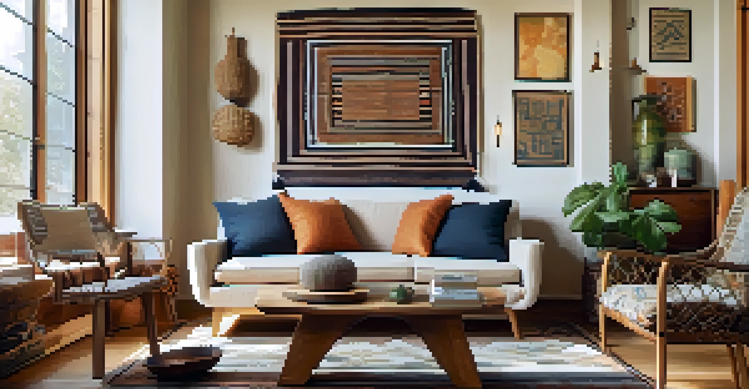 A chic living room featuring a handwoven tapestry and artisanal decor under warm sunlight.
