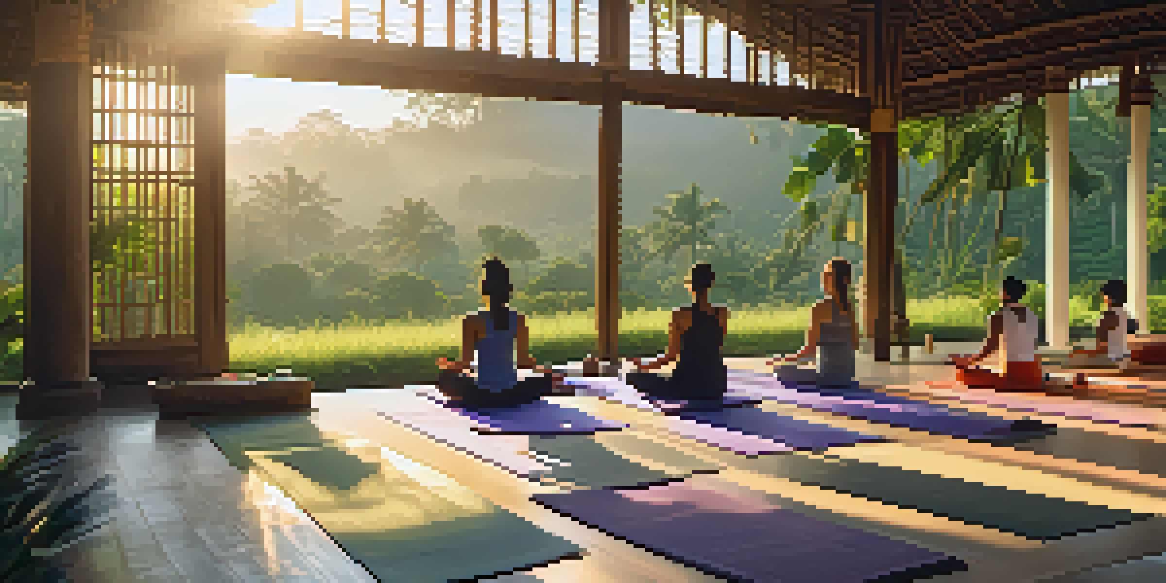 A peaceful outdoor yoga studio in Bali at sunrise, with people practicing yoga surrounded by lush rice paddies and tropical plants.