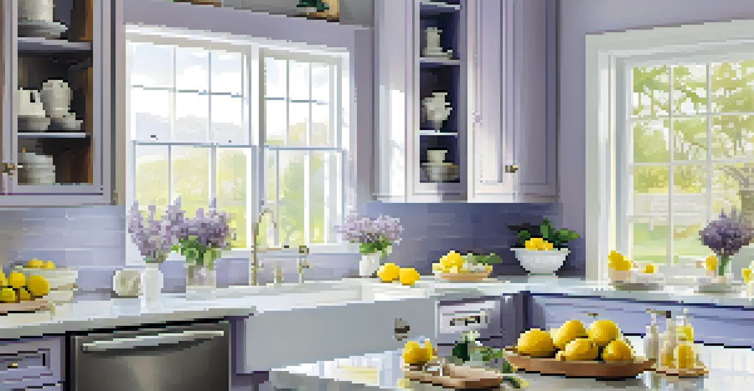A bright spring kitchen with fresh lemons and lilacs on the counter, a diffuser with lavender, and an open window letting in a gentle breeze.