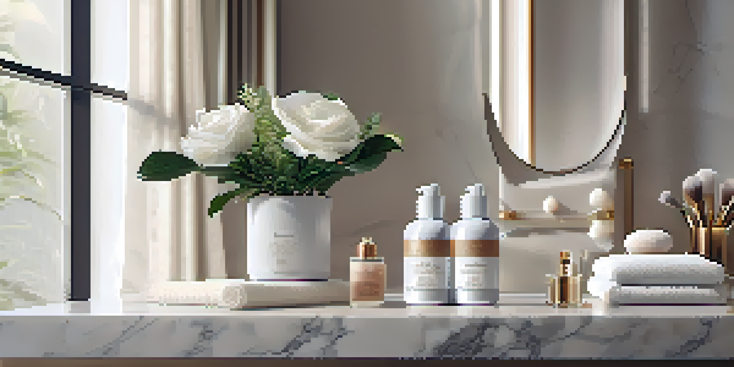 A luxurious bathroom with a marble countertop displaying organic skincare products, soft lighting, and a potted plant.