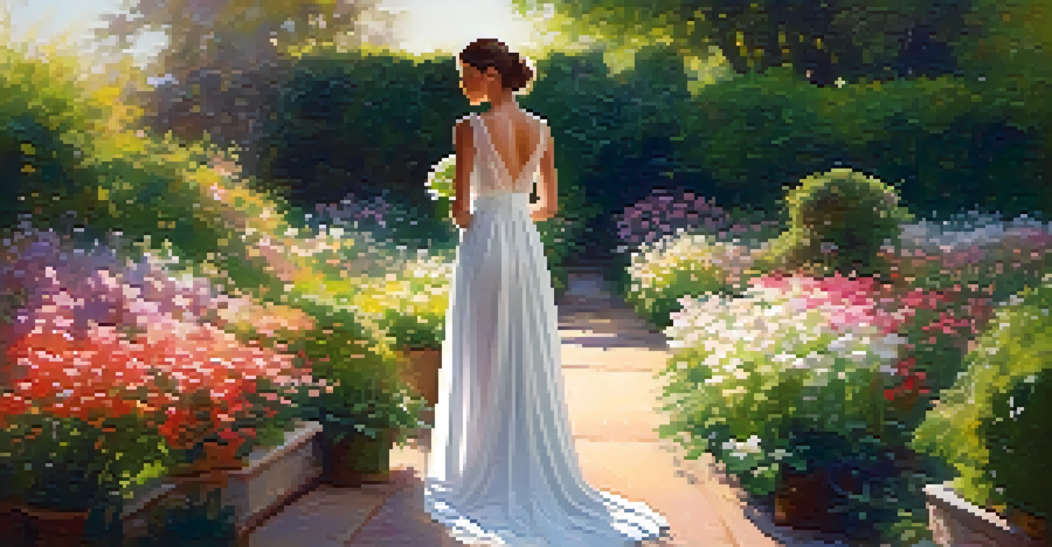A model in a white dress stands in a vibrant garden filled with flowers, illuminated by soft sunlight.