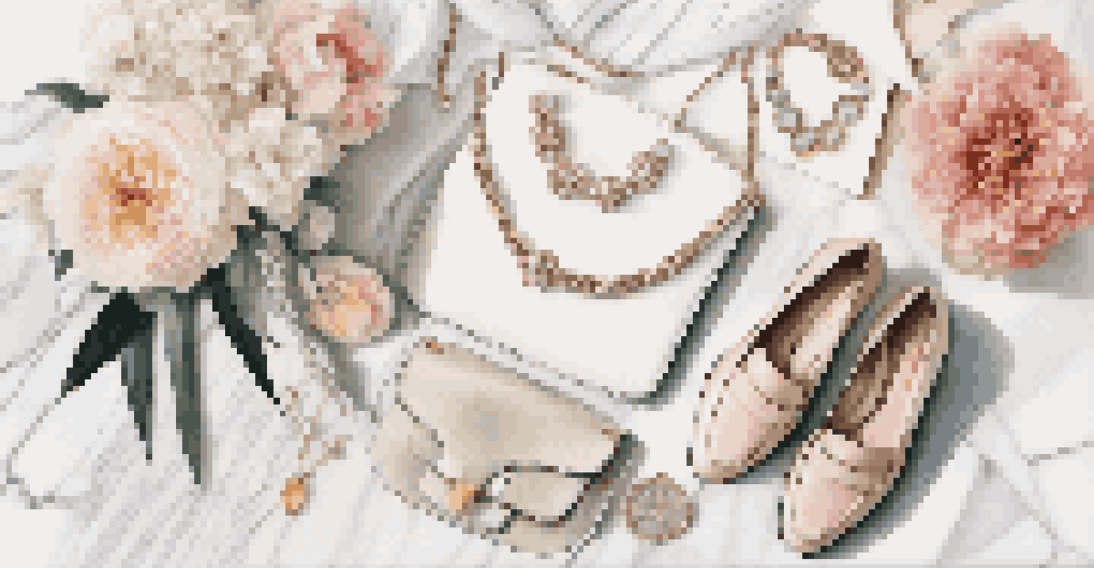 An elegant flat lay of stylish accessories including a statement necklace, a chic handbag, and fashionable shoes on a marble surface.
