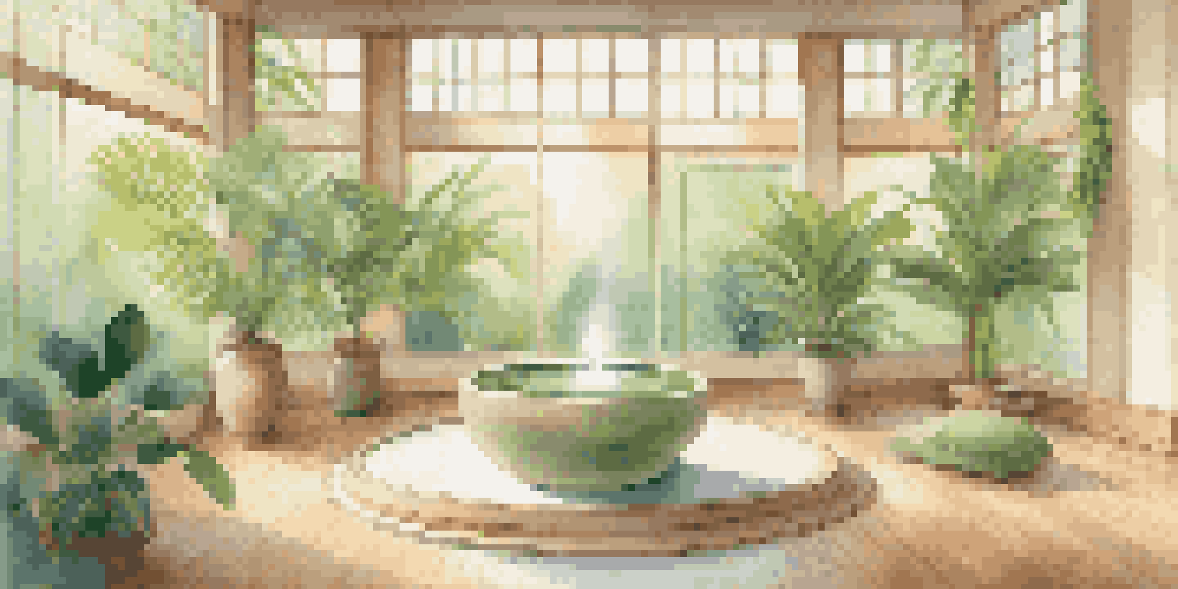 A tranquil meditation room with natural light, plants, and cushions, designed for relaxation.