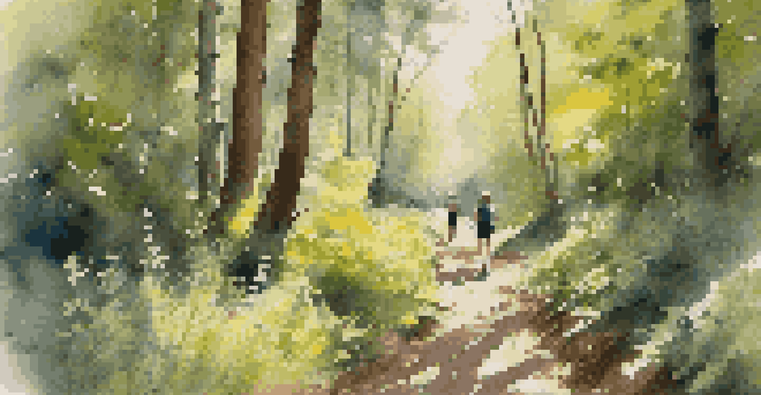 Participants on a guided hike through a forest, surrounded by trees and wildflowers, with sunlight filtering through the canopy.