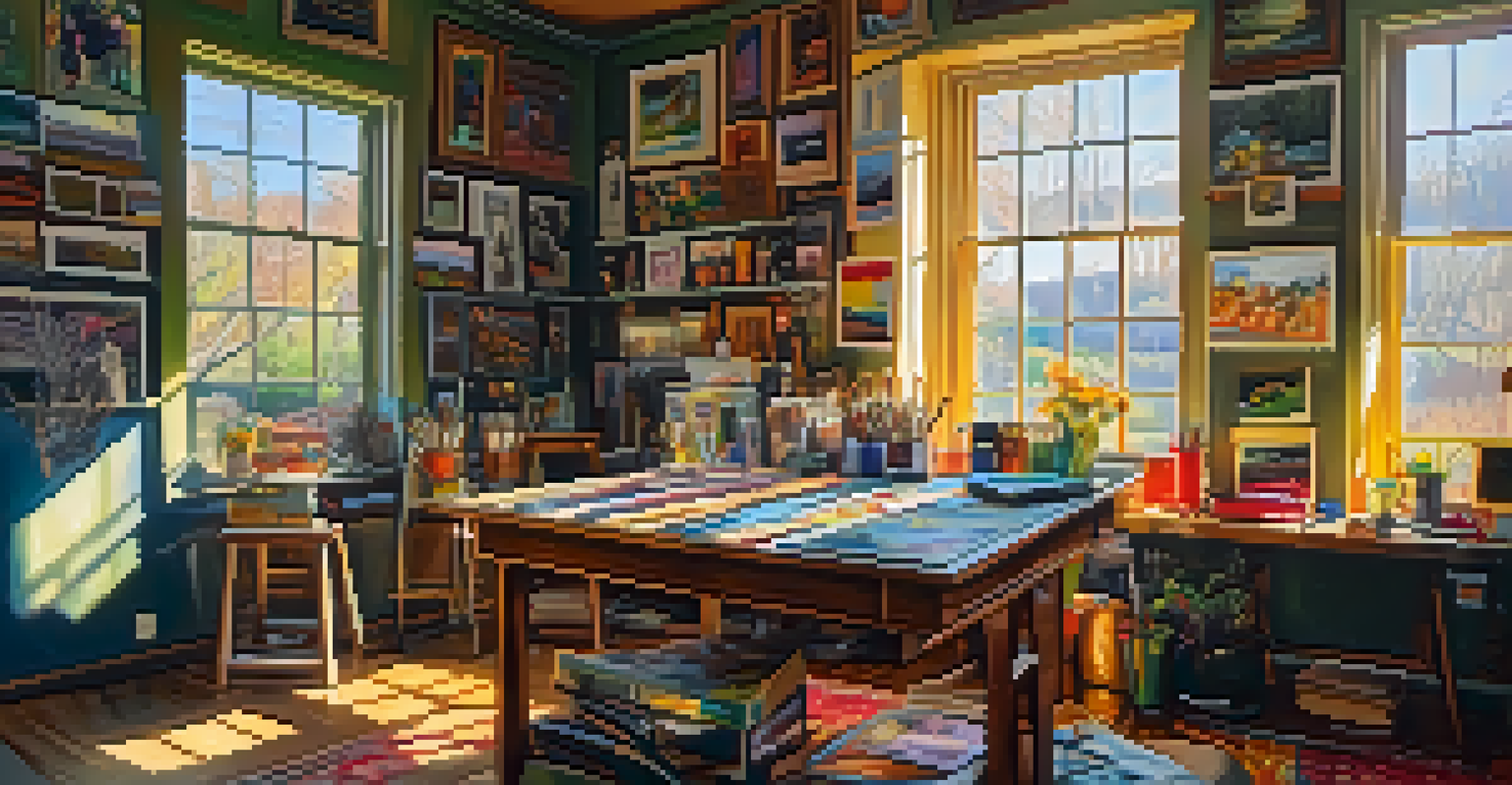 An artist painting in a colorful studio filled with artwork and natural light.
