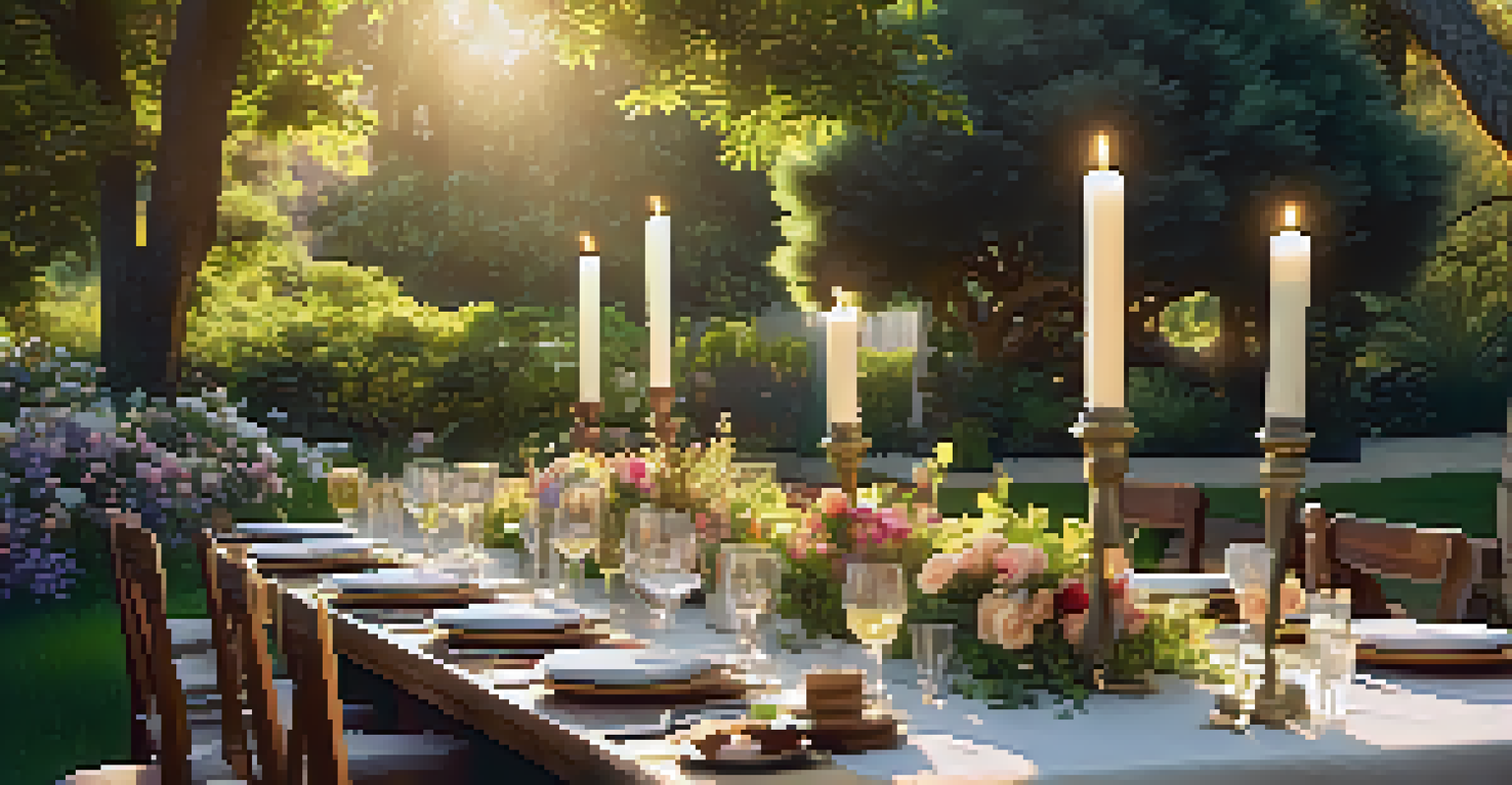 An outdoor dining area in a lush garden, with a long wooden table set elegantly, illuminated by golden hour sunlight and surrounded by blooming flowers and happy guests.