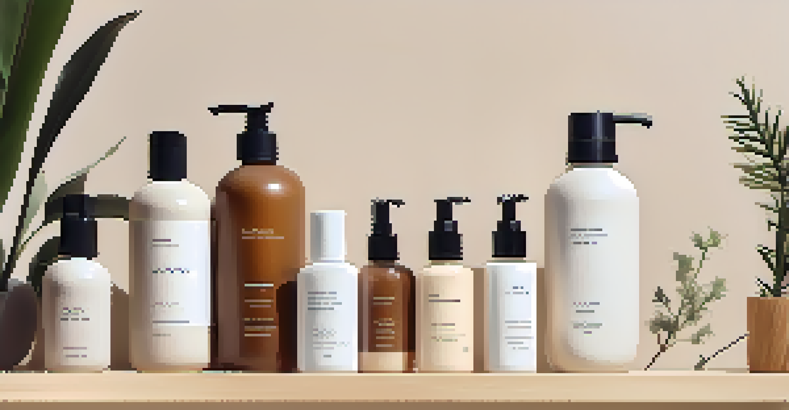 A wooden shelf displaying gender-neutral grooming products with minimalist packaging and a small plant.