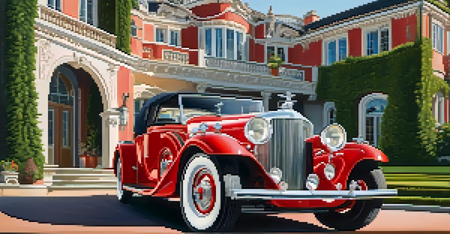 A vintage red car in front of a grand mansion with beautiful landscaping.