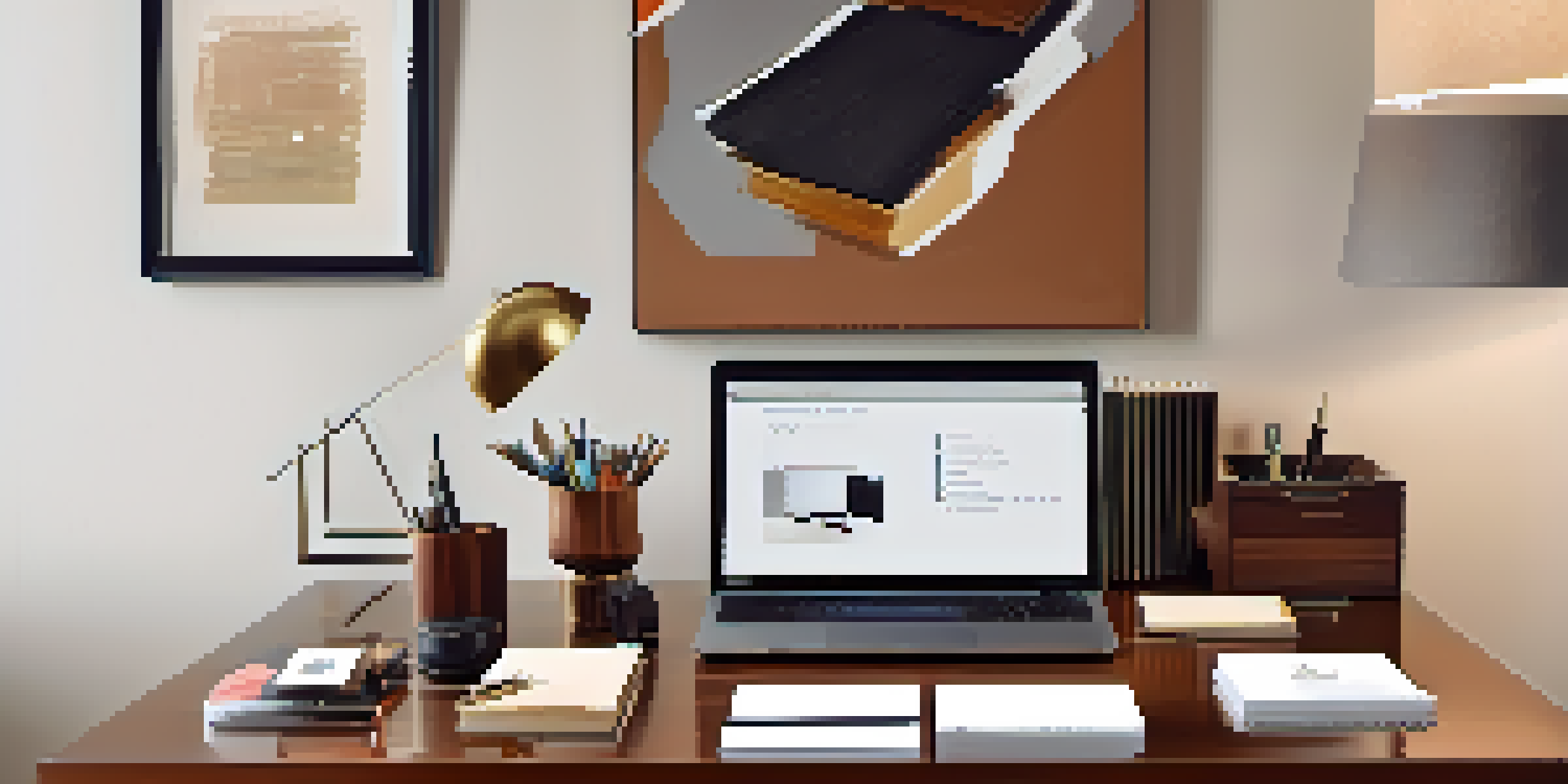 A modern home office featuring a leather desk organizer and polished wood desk with natural light and colorful wall art.